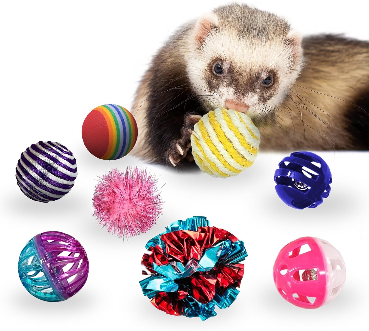 SunGrow Mix Balls for Ferrets, Multi-Sensory Fun Activity Set, Mind and Body Exercise, Teeth Care, Pet Enrichment, Assorted Foam, Jingle, Crinkle, Sisal, Coil, Pompom Balls, 30 Pcs - Image 3