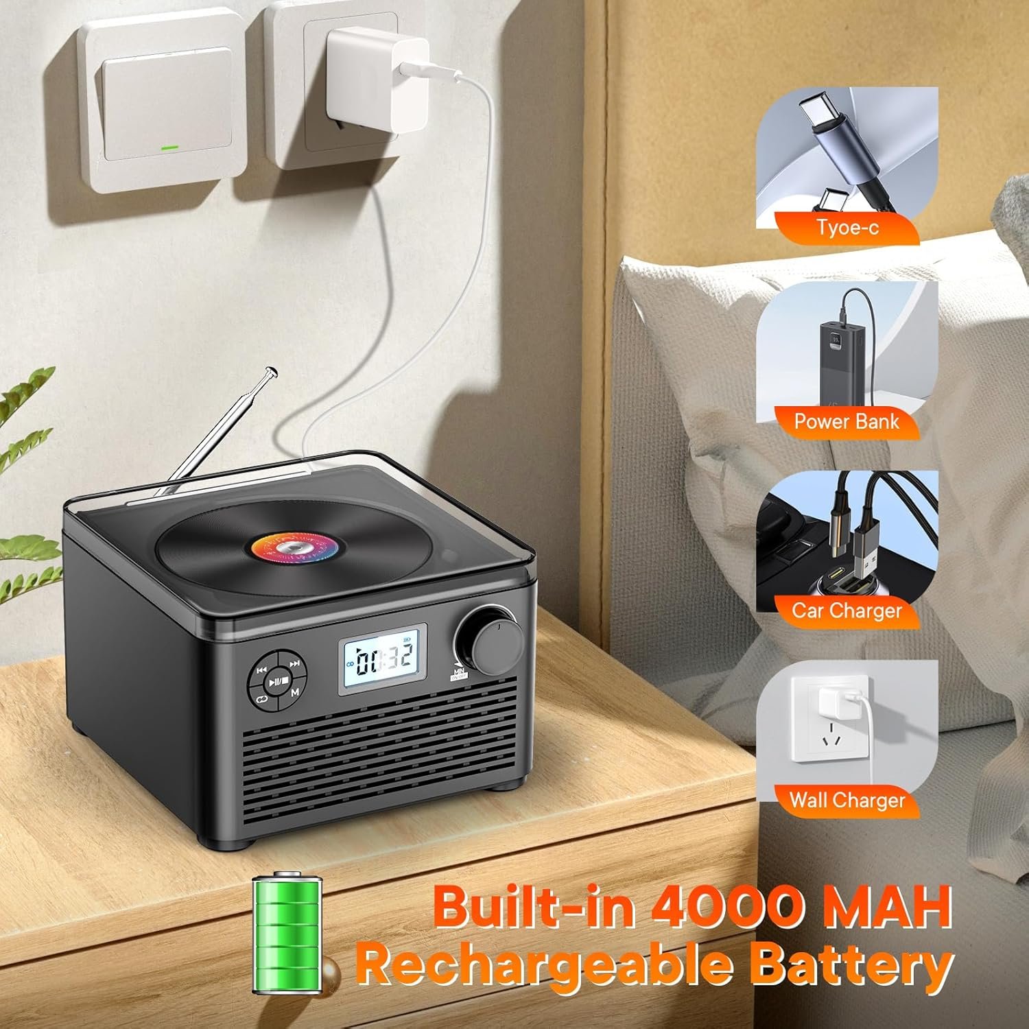 Portable CD Player with Speakers Dual,Rechargeable CD Player Bluetooth,Boombox CD Player with FM Radio,Plays CD/MP3 Disc/USB/TF,Headphone Jack,Charger Included. - Image 7