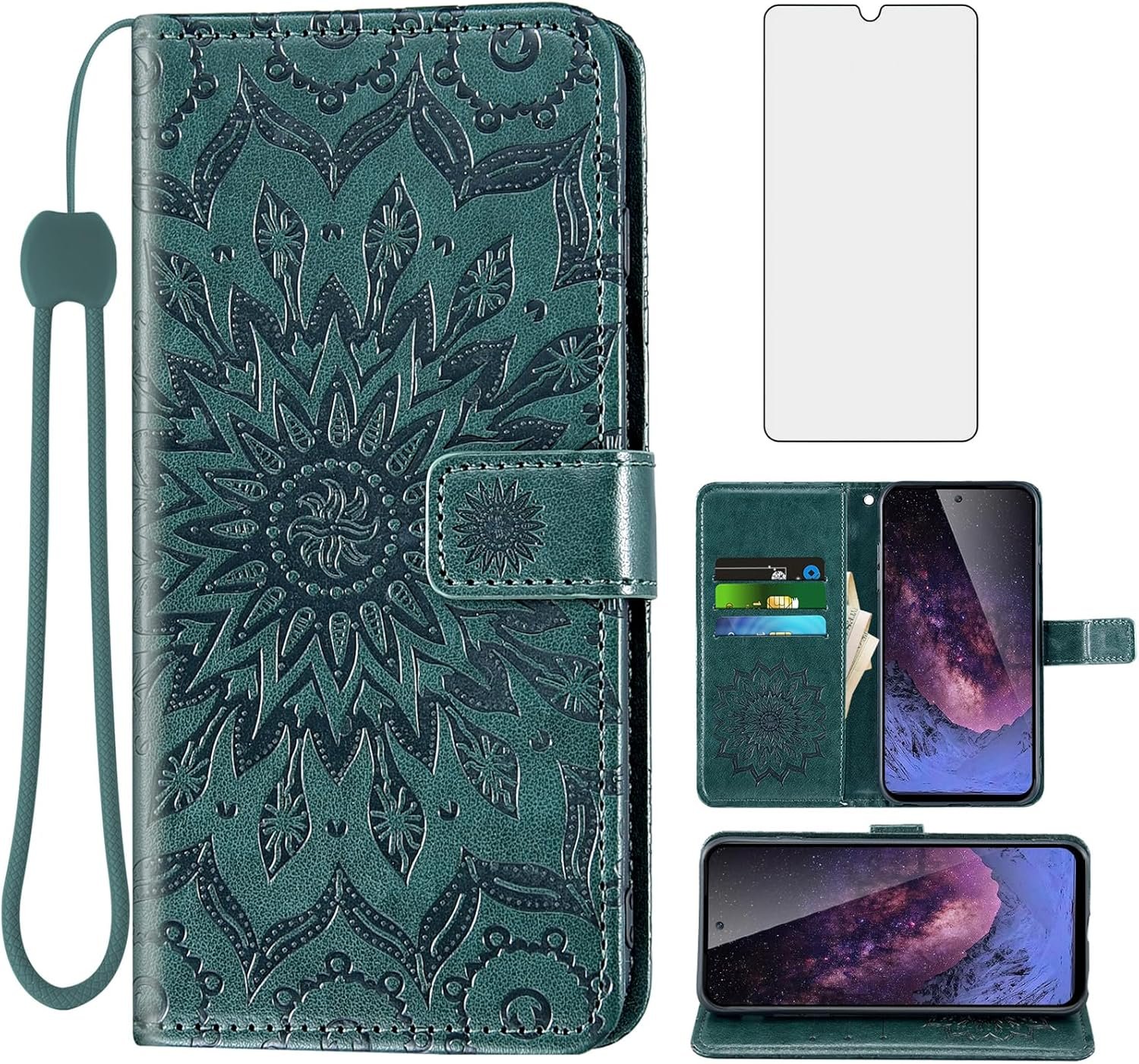 Phone Case for Cricket Outlast U680AC / AT&T Jetmore (2023) Wallet with Tempered Glass Screen Protector and Sunflower Leather Slim Flip Cover Card Holder Stand Cell Accessories ATT 4G Men Dark Green - Image 2