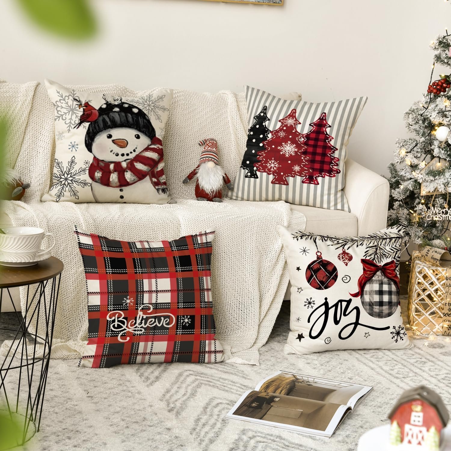 AVOIN colorlife Winter Snowman Joy Snowflake Christmas Throw Pillow Covers, 12 x 20 Inch Red Xmas Tree Winter Holiday Buffalo Plaid Cushion Case Decoration for Sofa Couch Set of 4 - Image 6