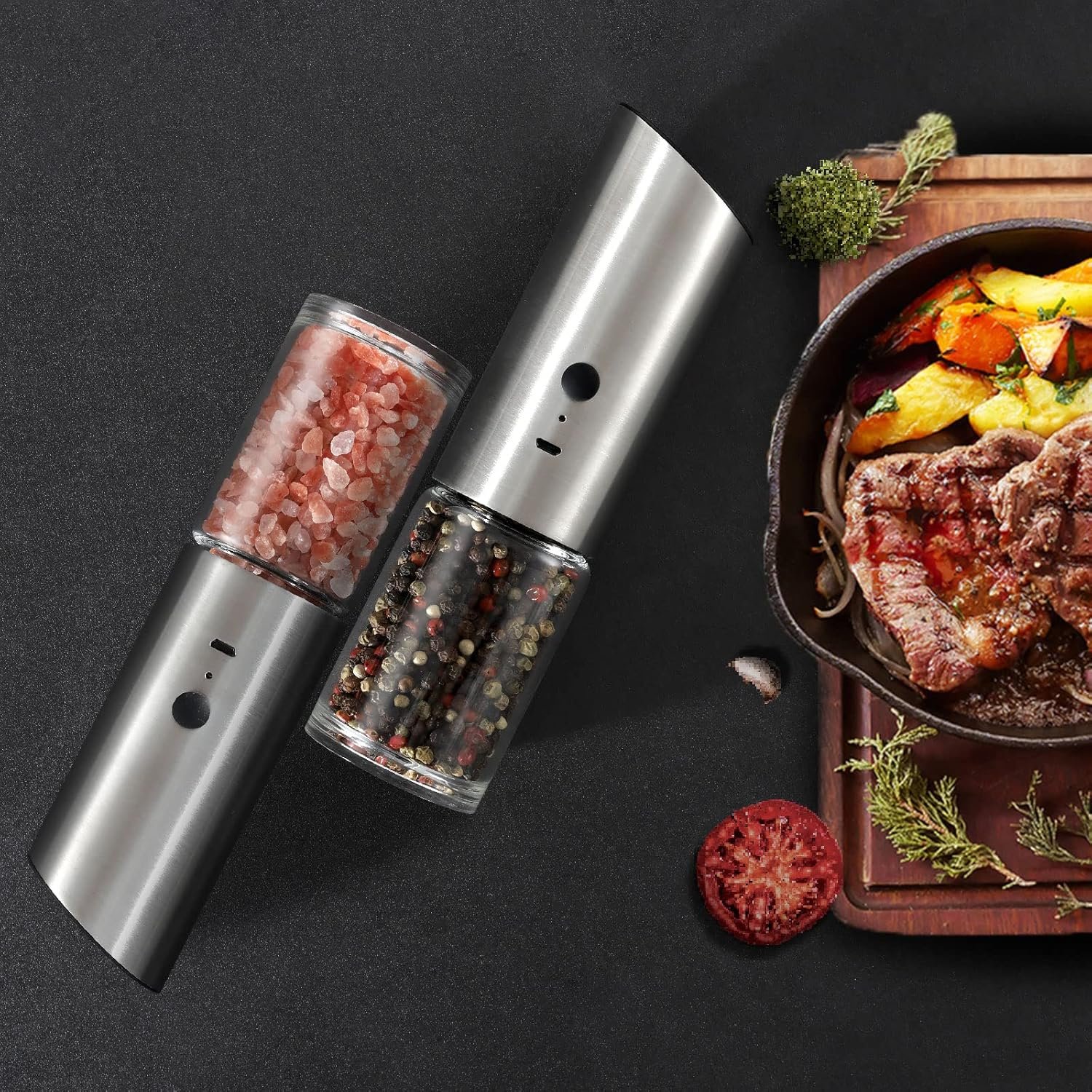 VEVOK CHEF Electric Salt and Pepper Grinder Set Rechargeable with LED Light USB Automatic Gravity Stainless Steel Pepper Mill Spice Grinder Adjustable Coarseness - Image 8