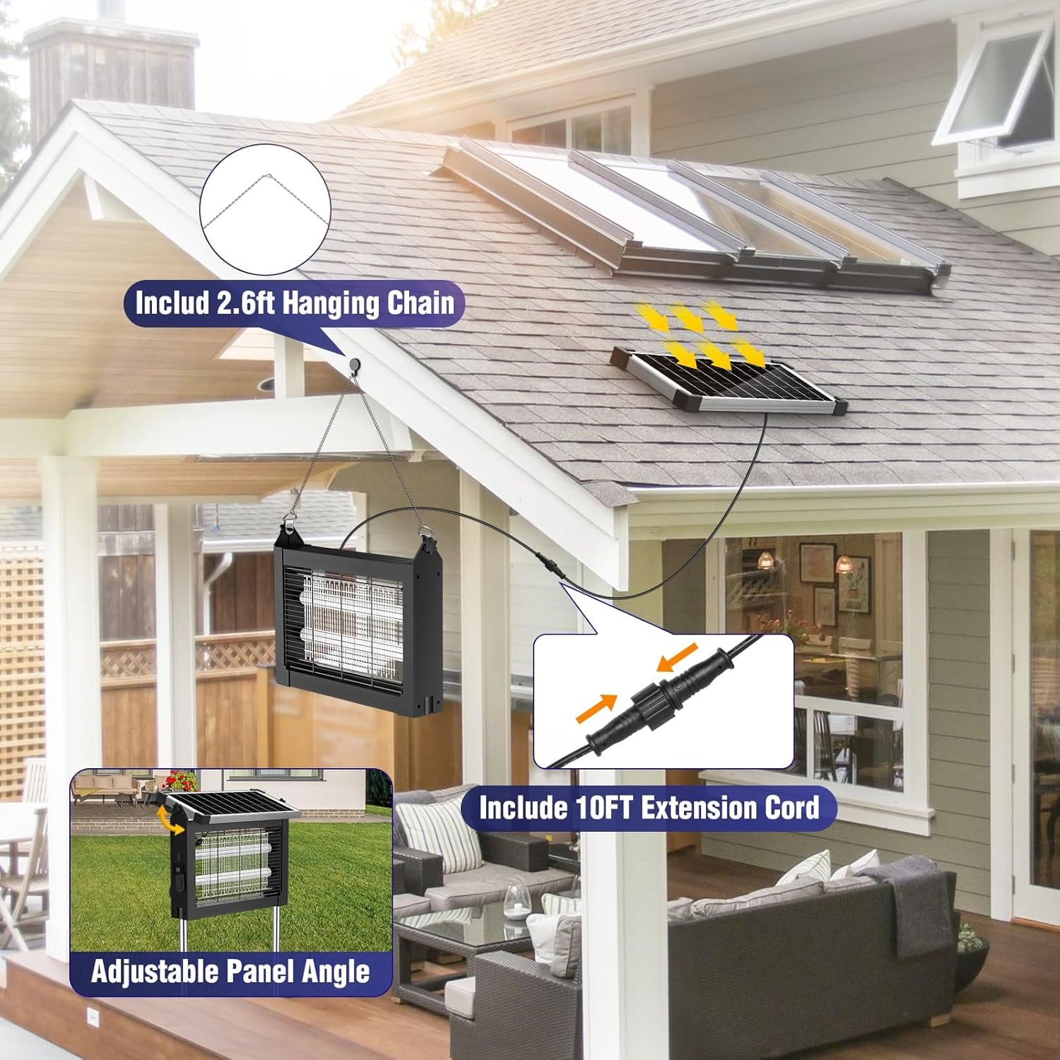 Solar Bug Zapper Outdoor, Wireless Portable Camping Mosquito Zapper with Panel Sensor, Fly Traps with 10FT Extension Cord, Fly Zapper, Mosquito Killer, Electric Trap Ideal for Home, Patio, Backyard - Image 5