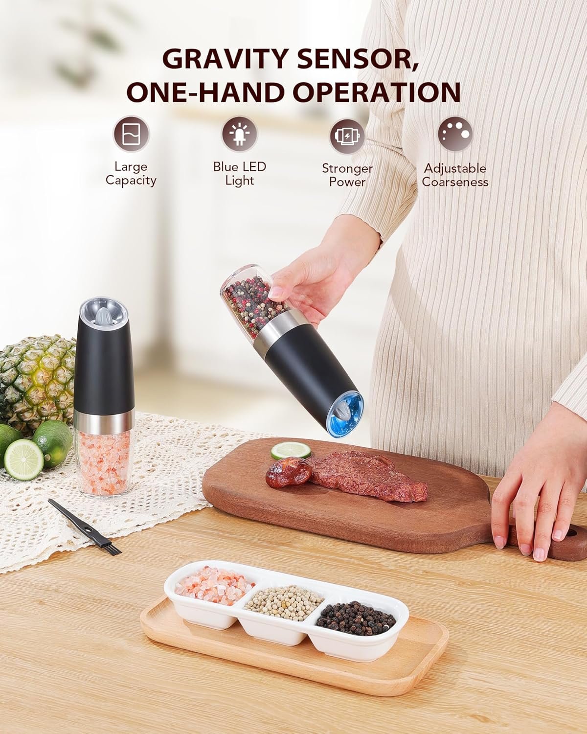 Sangcon Gravity Electric Salt and Pepper Grinder Set Automatic Shakers Mill Grinder with LED Light, Battery Powered Adjustable Coarseness One Hand Operation, Upgraded Larger Capacity - Image 3