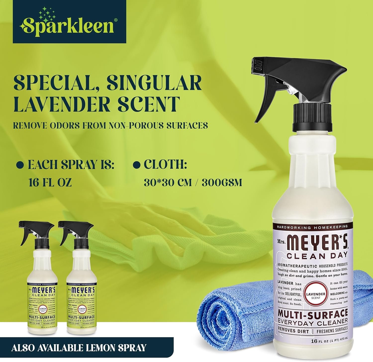Mrs. Meyers Multi-Surface All Purpose Cleaner Set, Multi-Purpose Cleaner 2 Pack 16 oz. Lavender Spray and Cloth Set Bundle for Bathroom, Living Room or Bedroom, - Image 7