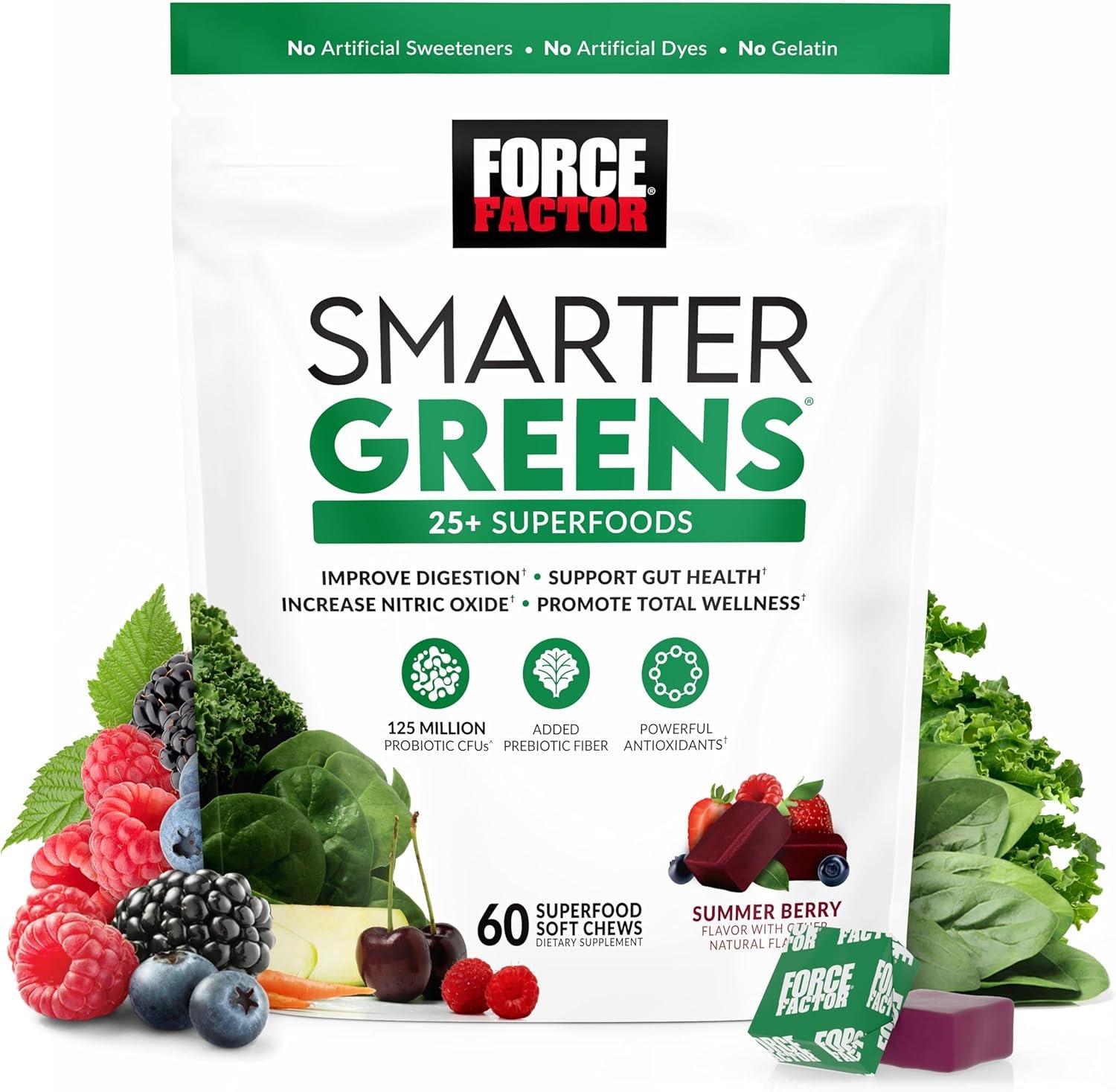 FORCE FACTOR Smarter Greens Superfood Chews, Greens and Superfoods with Probiotics, Antioxidants, and Fiber, Greens Supplement to Support Digestion, Nitric Oxide, and Energy, 60 Soft Chews - Image 2