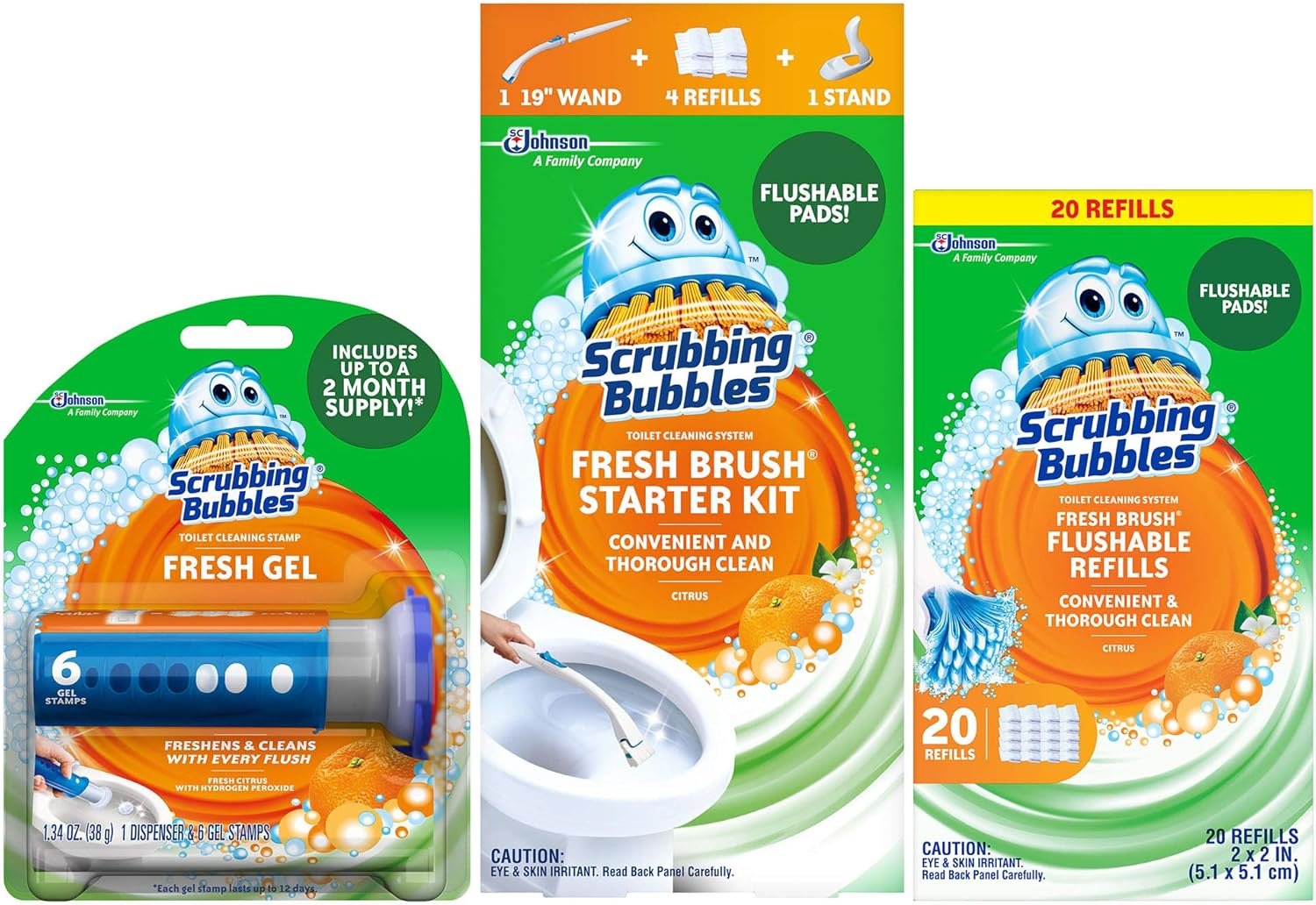 Scrubbing Bubbles Fresh Brush Toilet Bowl Brush and Holder with Toilet Cleaner Refill Pads & Gel Stamps, Cleans Limescale & Fights Odors, Citrus Scent, Includes Starter Kit + 20 Refills + 6 Gel Stamps - Image 2