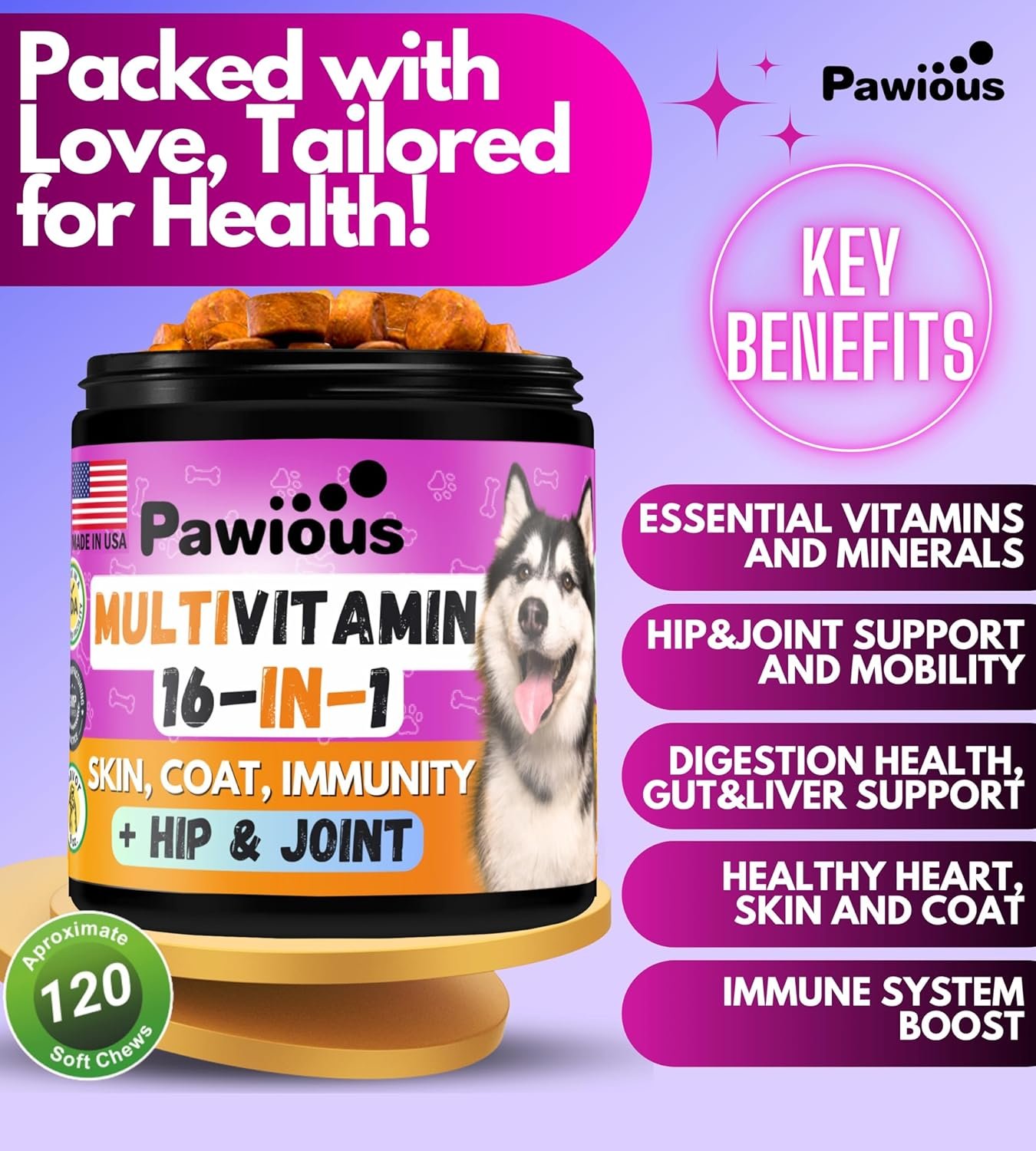 Dog Multivitamin Chewable with Glucosamine 16 in 1 - Dog Vitamins and Supplements - Hip and Joint Support Health - Immunity, Mobility - Gut, Skin, Heart, Coat - Image 4