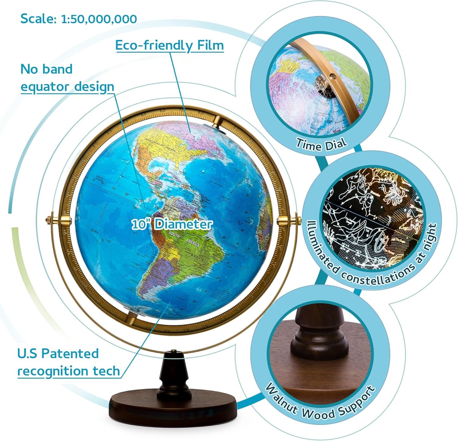 with Interactive APP & LED Illuminated Constellations at Night, US-Patented STEM education 10" World Globe with Detailed map - Image 3