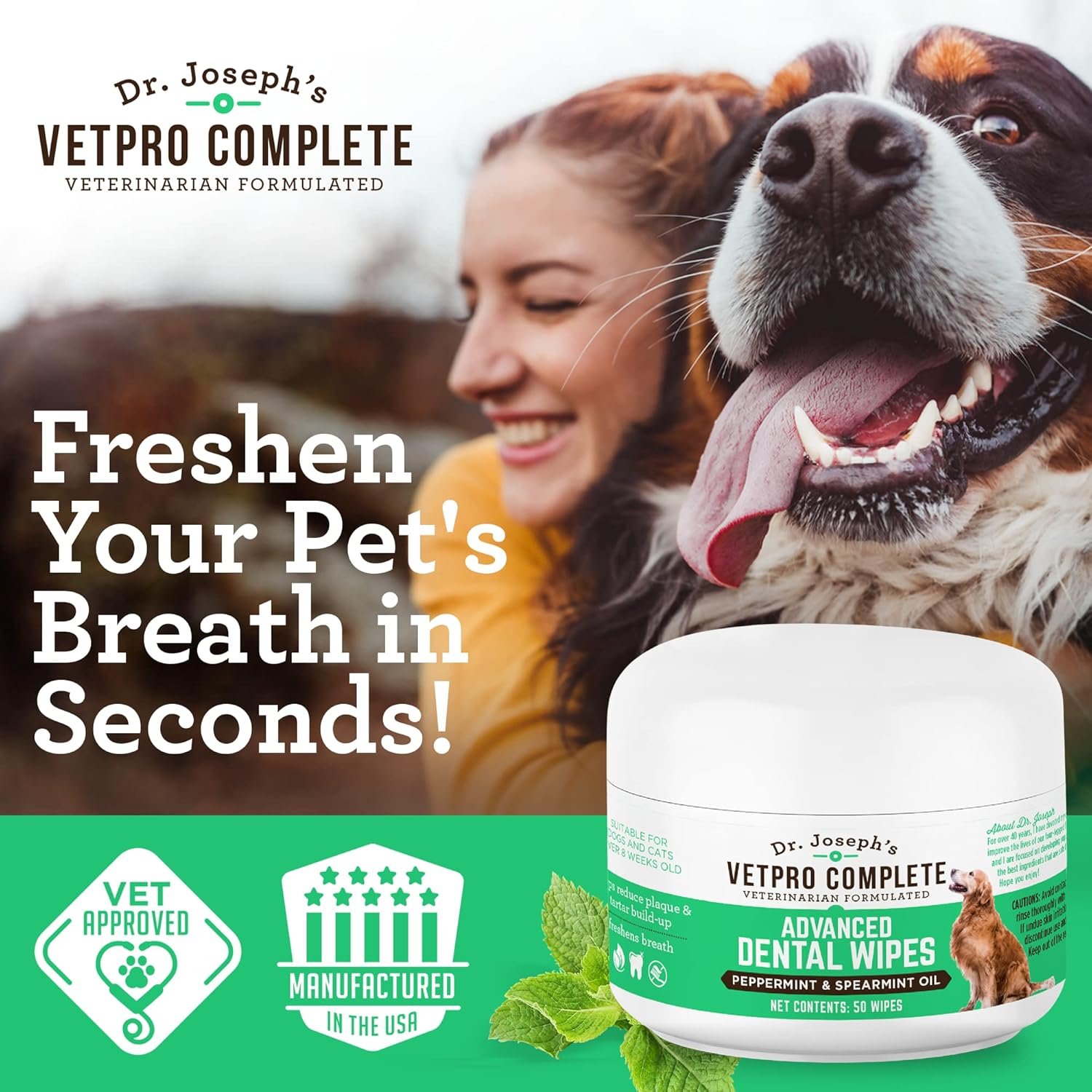 VetPro Complete Advanced Dog Dental Wipes, 50 Count, Easy Teeth Cleaner for Dogs and Cats with Peppermint and Spearmint, Freshens Breath, Reduces Tartar - Image 3