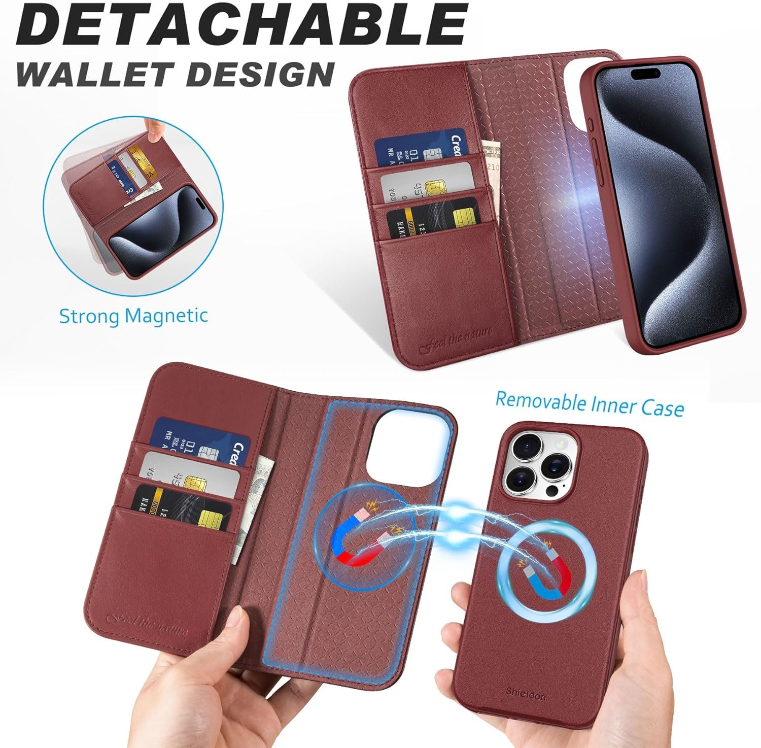 SHIELDON Case for iPhone 15 Pro Max 5G, Genuine Leather Detachable Wallet Kickstand RFID Blocking Card Holder Magnetic Shockproof Wireless Charging Case Compatible with iPhone 15 Pro Max - Wine Red - Image 4
