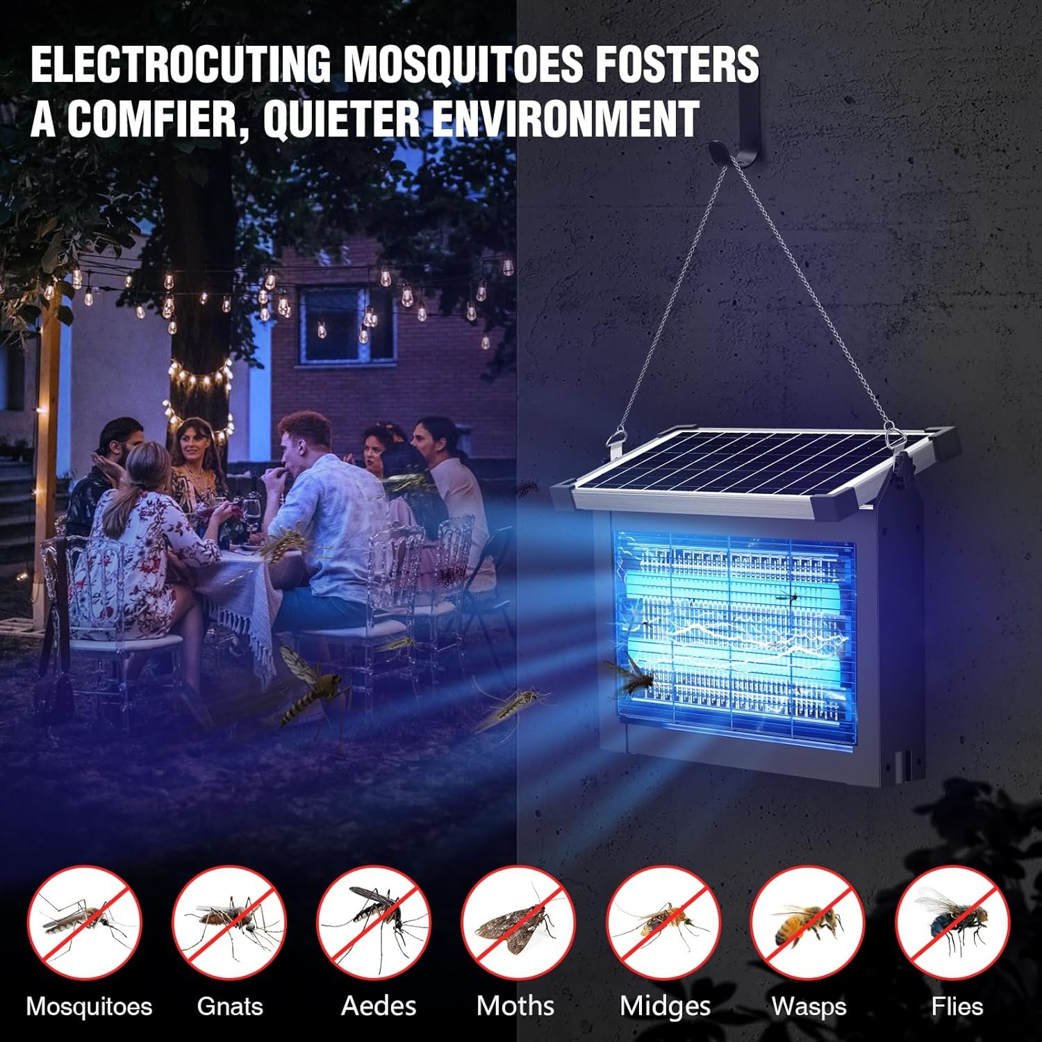 Solar Bug Zapper Outdoor, Wireless Portable Camping Mosquito Zapper with Panel Sensor, Fly Traps with 10FT Extension Cord, Fly Zapper, Mosquito Killer, Electric Trap Ideal for Home, Patio, Backyard - Image 8