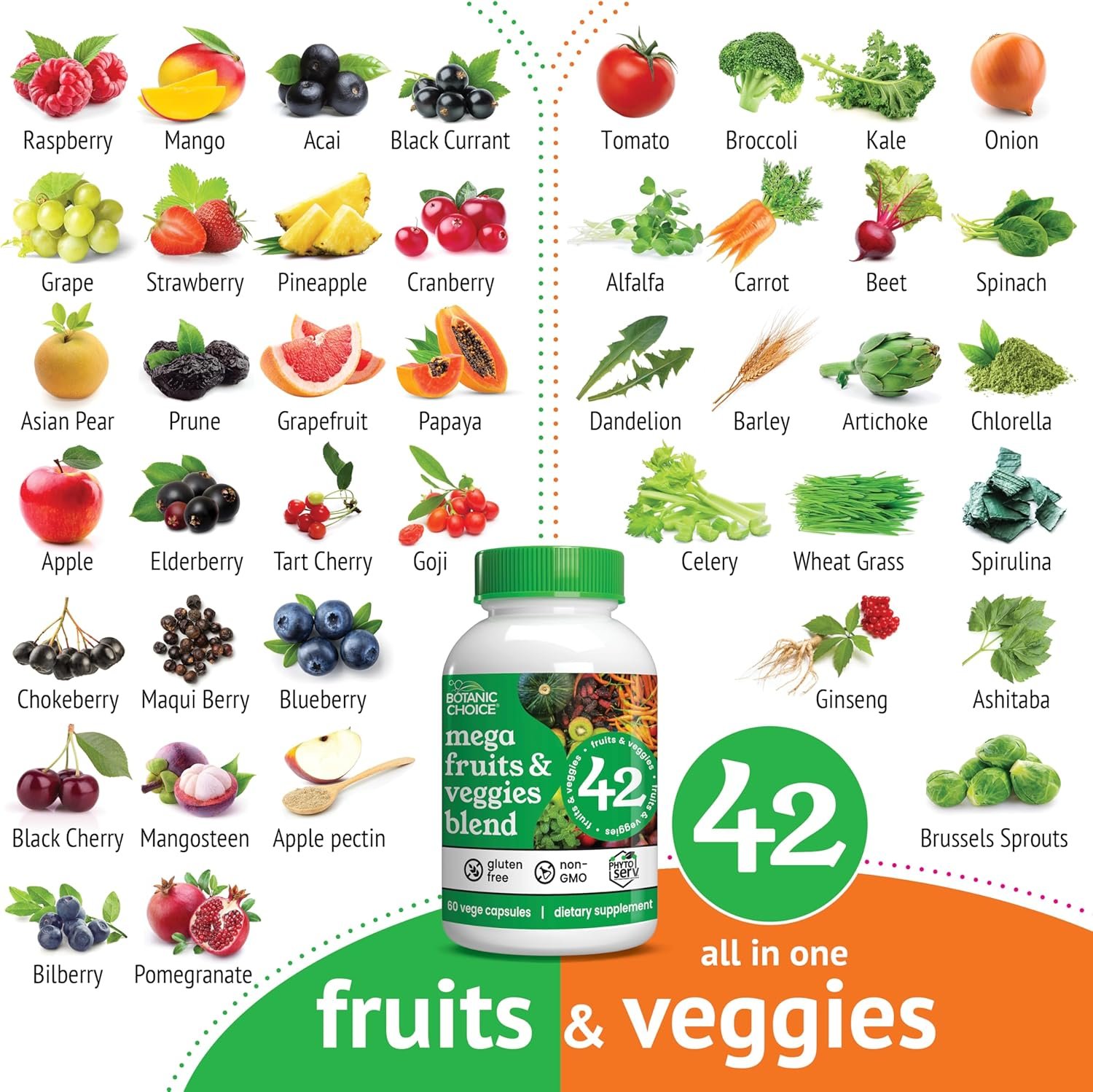 Botanic Choice Mega Fruits and Veggies Blend Total of 42 Fruit and Vegetables Like Elderberry, Chlorella, Kale Energy Balance & Superfood Vegetable Supplements for Adults - 2 Pack - Image 8