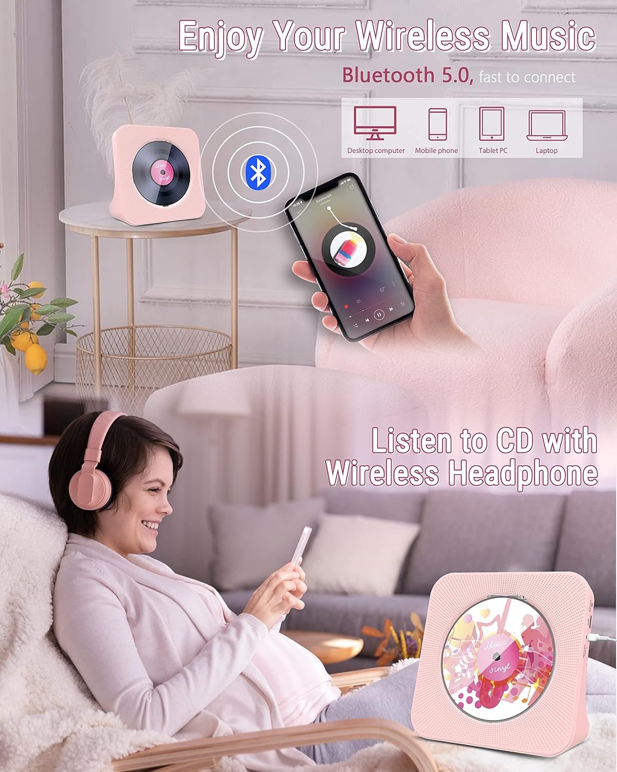Greadio CD Player Portable with Bluetooth 5.0, HiFi Sound Speaker, CD Music Player with Remote Control, Dust Cover, FM Radio, LED Screen, Support AUX/USB, Headphone Jack for Home, Kids, Kpop, Gift - Image 4