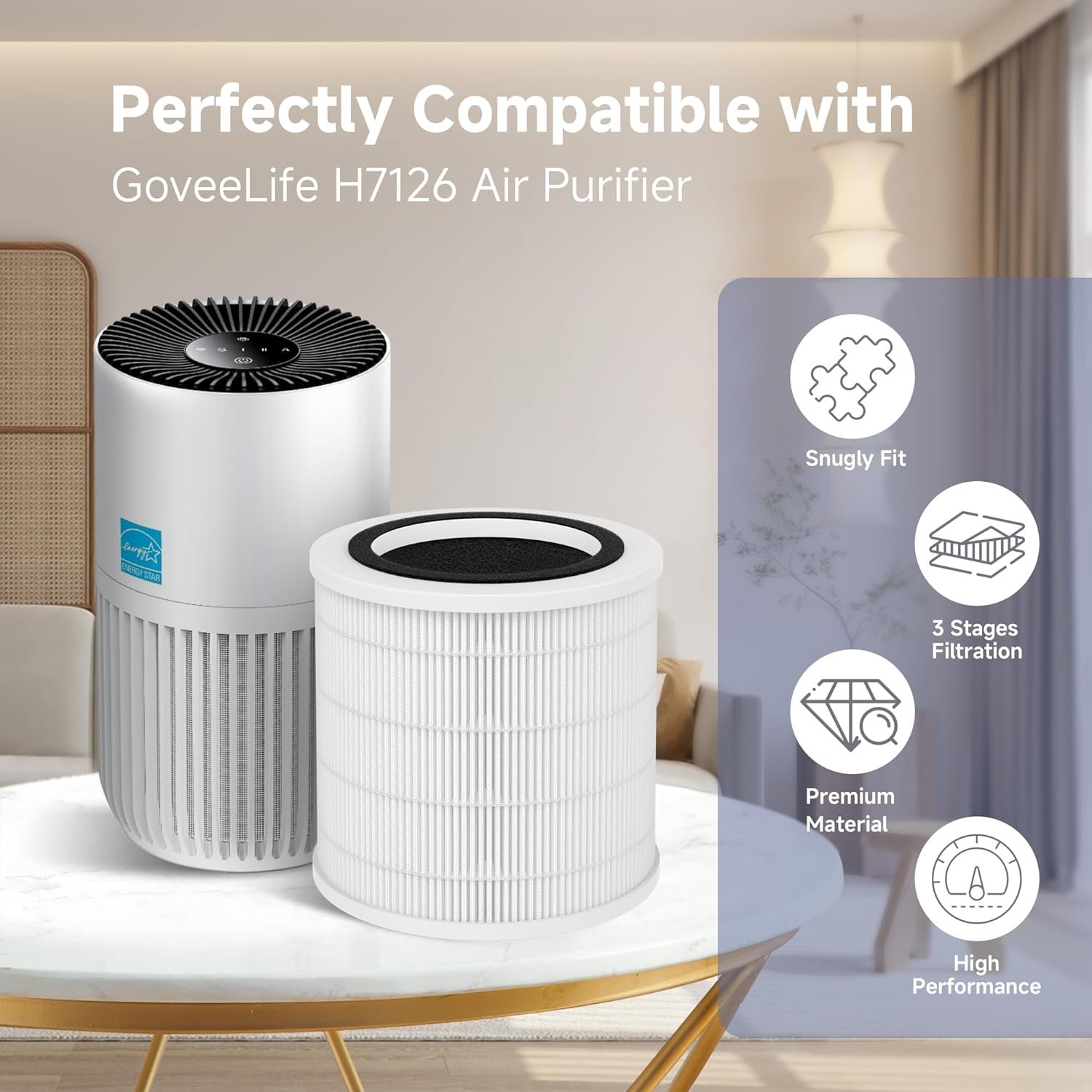 4 Packs H7126 Replacement Filter Compatible with GoveeLife H7126 Mini Air Cleaner Purifier, 4pcs H13 True HEPA Filters and 8 pcs Aroma Pads Accessories - Image 3