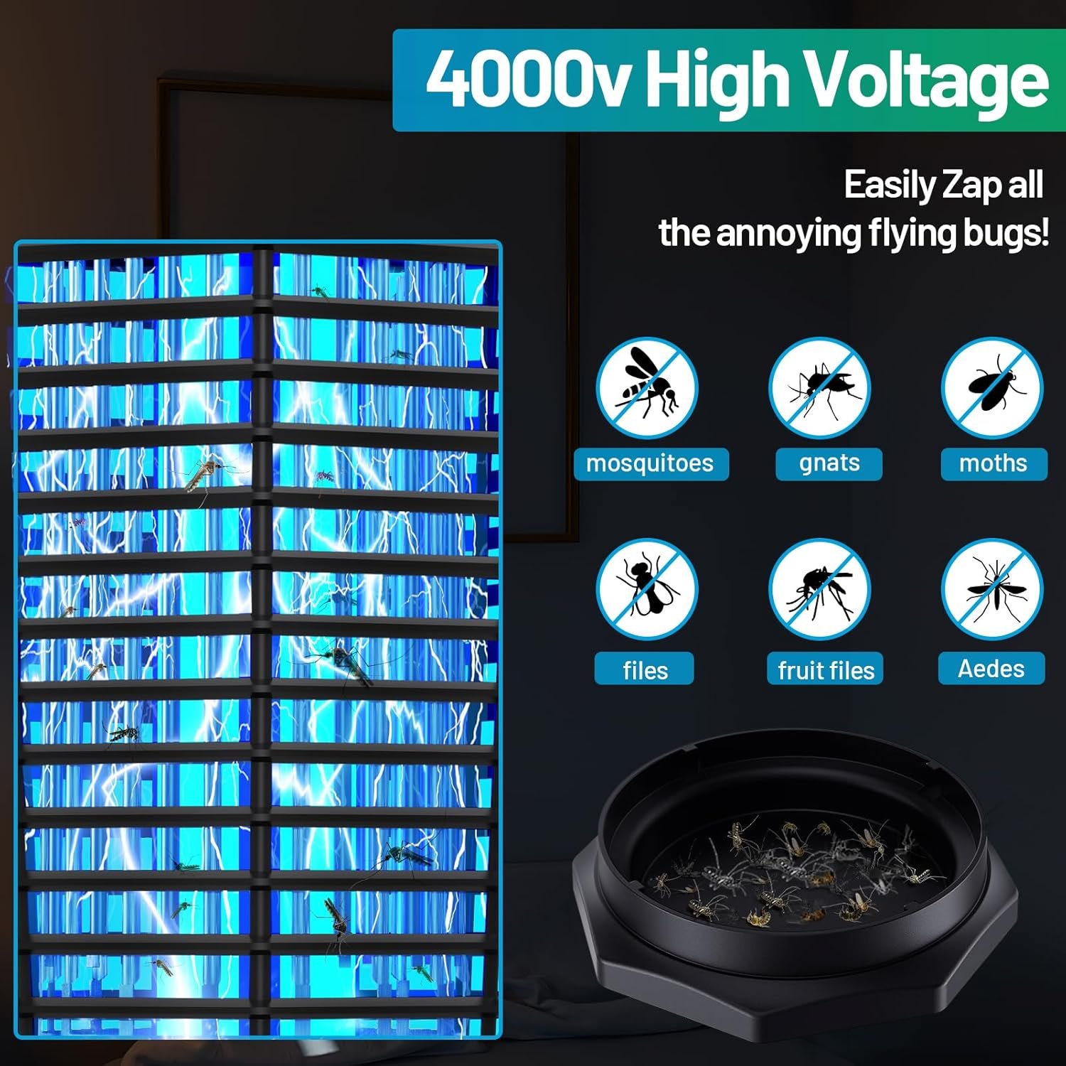 Bug Zapper Outdoor, Mosquito Zapper Indoor with 4000V High Powered, Electric Fly Zapper, Mosquito Killer Traps for Home, Kitchen, Backyard, Patio - Image 3