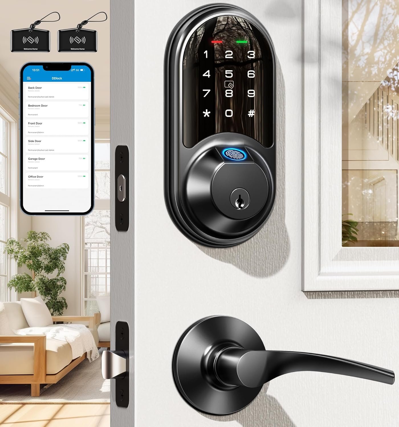 Veise Smart Locks for Front Door, 2 Lever Handles, Fingerprint Keyless Entry, App Control Biometric Door Lock Set, Electronic Digital Touchscreen Keypad Deadbolt, Easy Install, Auto Lock, Matte Black - Image 2