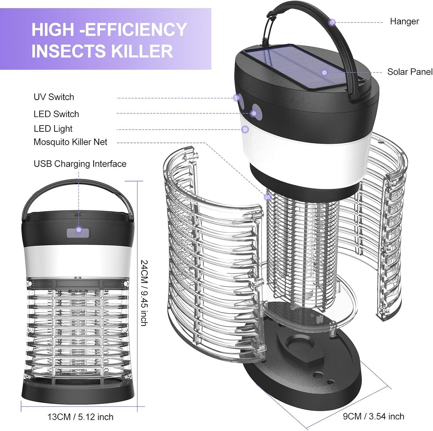 Bug Zapper, Electric Solar Mosquito Killer for Indoor & Outdoor, 3000V High Powered Pest Control Waterproof UV Mosquito Zapper,Rechargeable Insect Fly Trap for Home,Kitchen,Patio, Backyard,Camping - Image 8