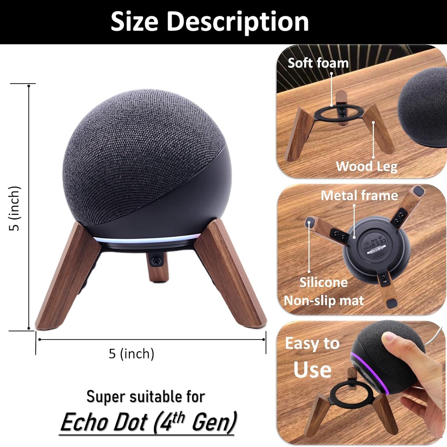 Real Wood Stand for Echo Dots(4th Gen)(5th Gen),Tripod Accessories Protect Smart Speaker get Better Sound,Secure Stable Wooden Mount Holder for Echo Dot (Walnut) - Image 3