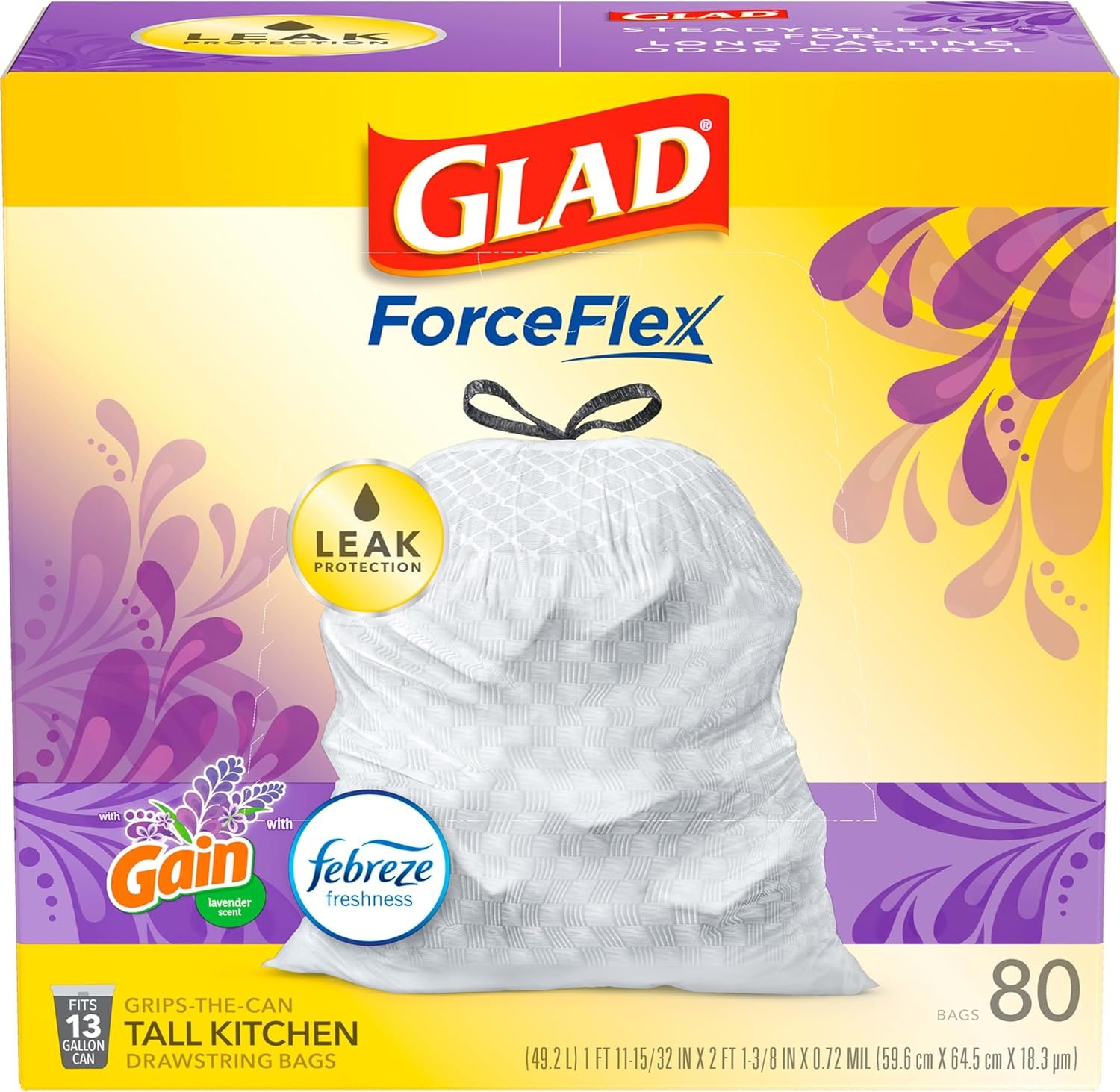 Glad Trash Bags, ForceFlex Tall Kitchen Drawstring Garbage Bags 13 Gallon White Trash Bag, Mediterranean Lavender scent with Febreze Freshness 80 Count (Package May Vary) - Image 2