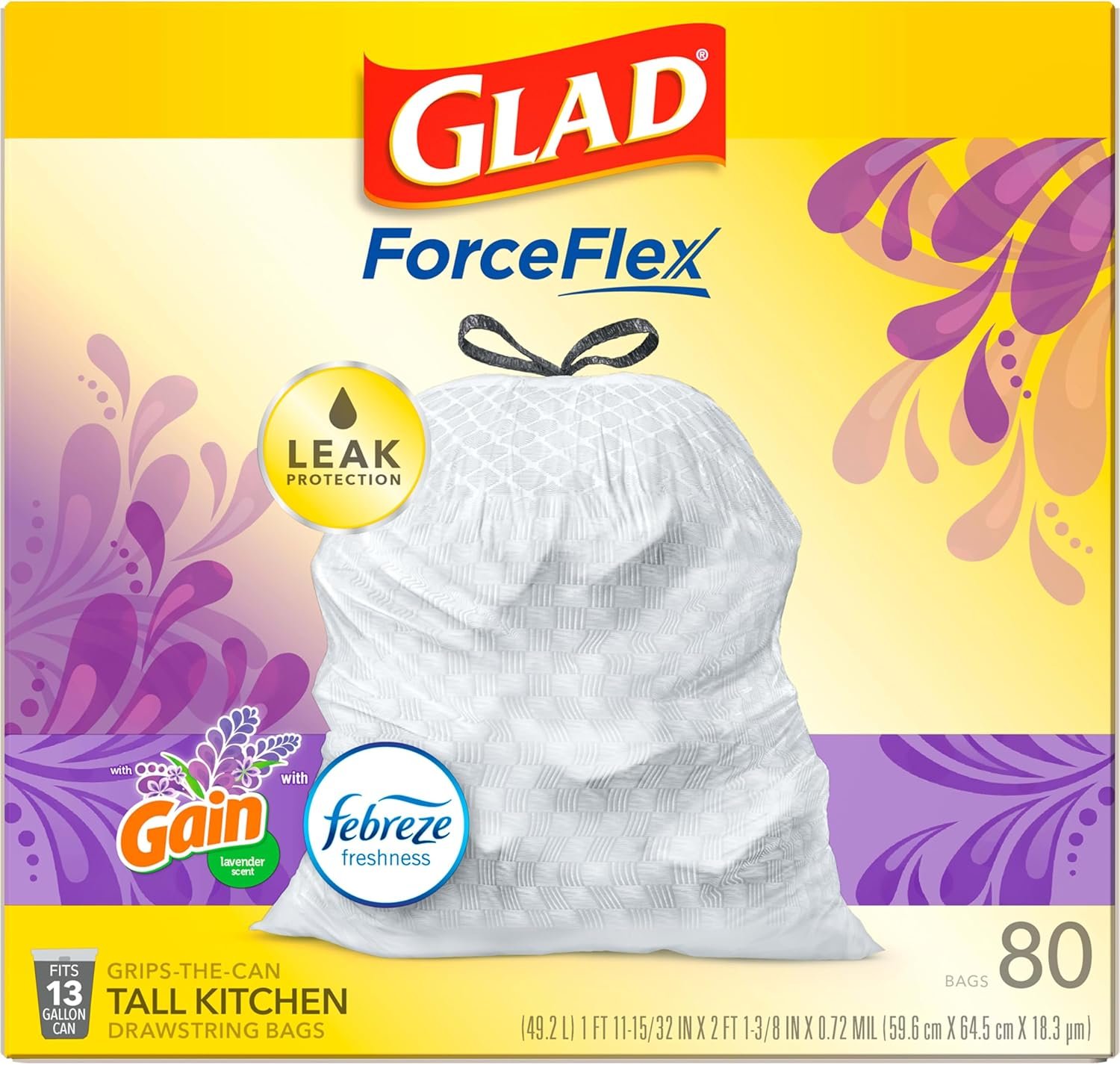 Glad Trash Bags, ForceFlex Tall Kitchen Drawstring Garbage Bags 13 Gallon White Trash Bag, Mediterranean Lavender scent with Febreze Freshness 80 Count (Package May Vary) - Image 10