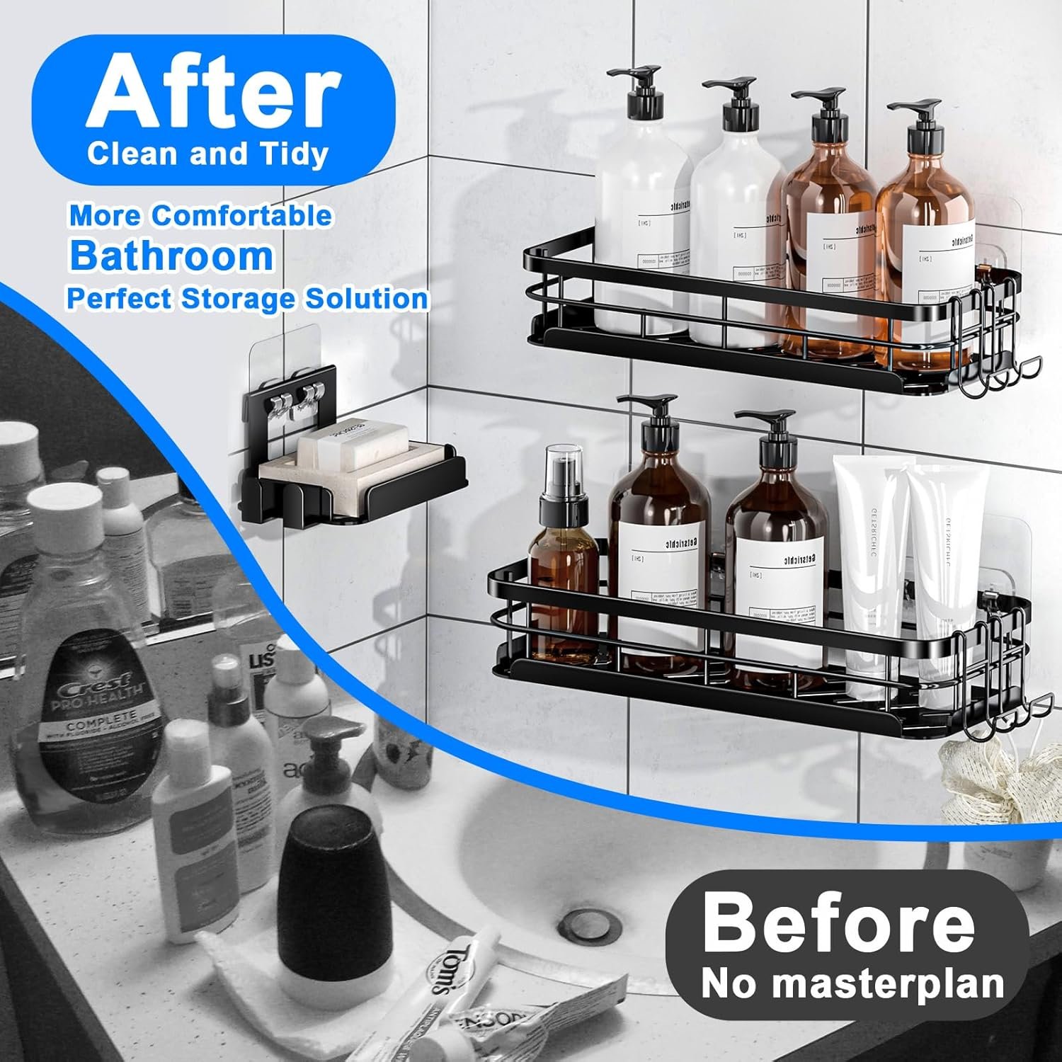 Corner Shower Caddy 3 Pack, Large Size Shower Shelves with Soap Holder Adhesiveand 4 N-Shaped Hook, Rustproof Stainless Steel Bathroom Accessories Organizer, No Drilling Wall Mounted Rack - Image 4