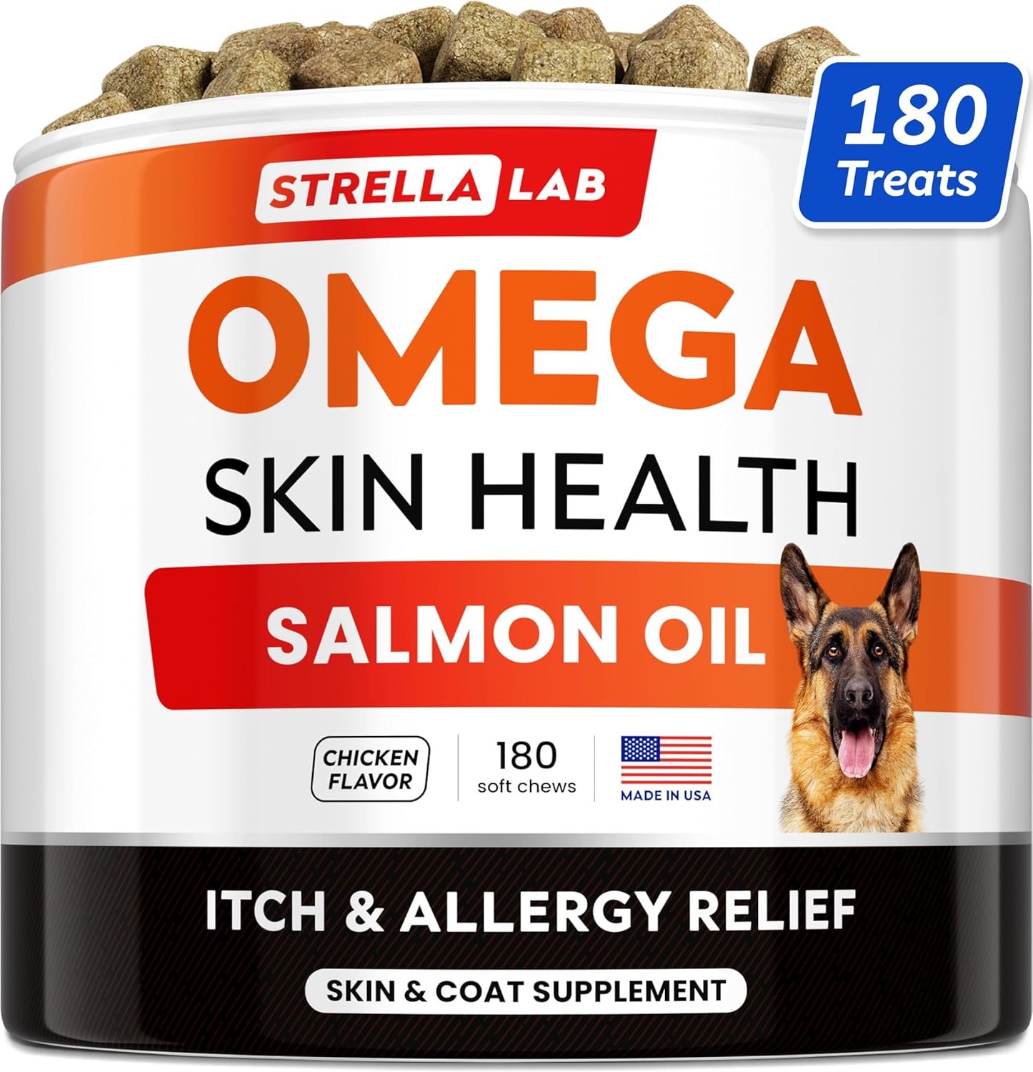 StrellaLab Omega 3 for Dogs - (180Ct) Fish Oil Treats - Allergy & Itch Relief Skin&Coat Supplement - Dry Itchy Skin, Shedding, Hot Spots Treatment, Anti Itch - Pet Salmon Oil Chews - Chicken Flavor - Image 2