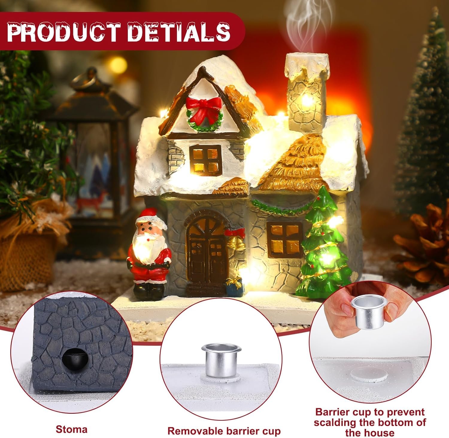 6.1 Inch Christmas Incense Burner Village House with Light String Resin Backflow Incense Holder Gift Cabin Winter Snowy Town with Xmas Tree Snowman for Fireplace Tabletop Decor(Simple) - Image 6