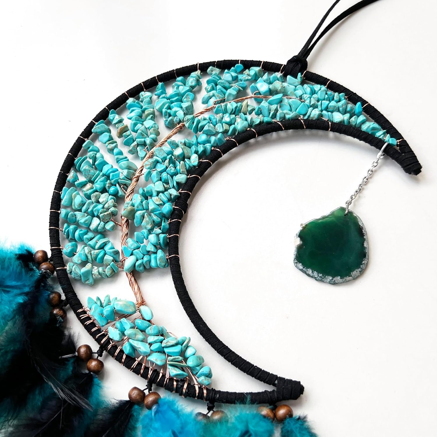 Dksuwe Moon Dream Catchers with Chakra Gemstone Agate Stone, Crystal Tree Life Dream Catchers Wall Hangings Room Decor (Green) - Image 4