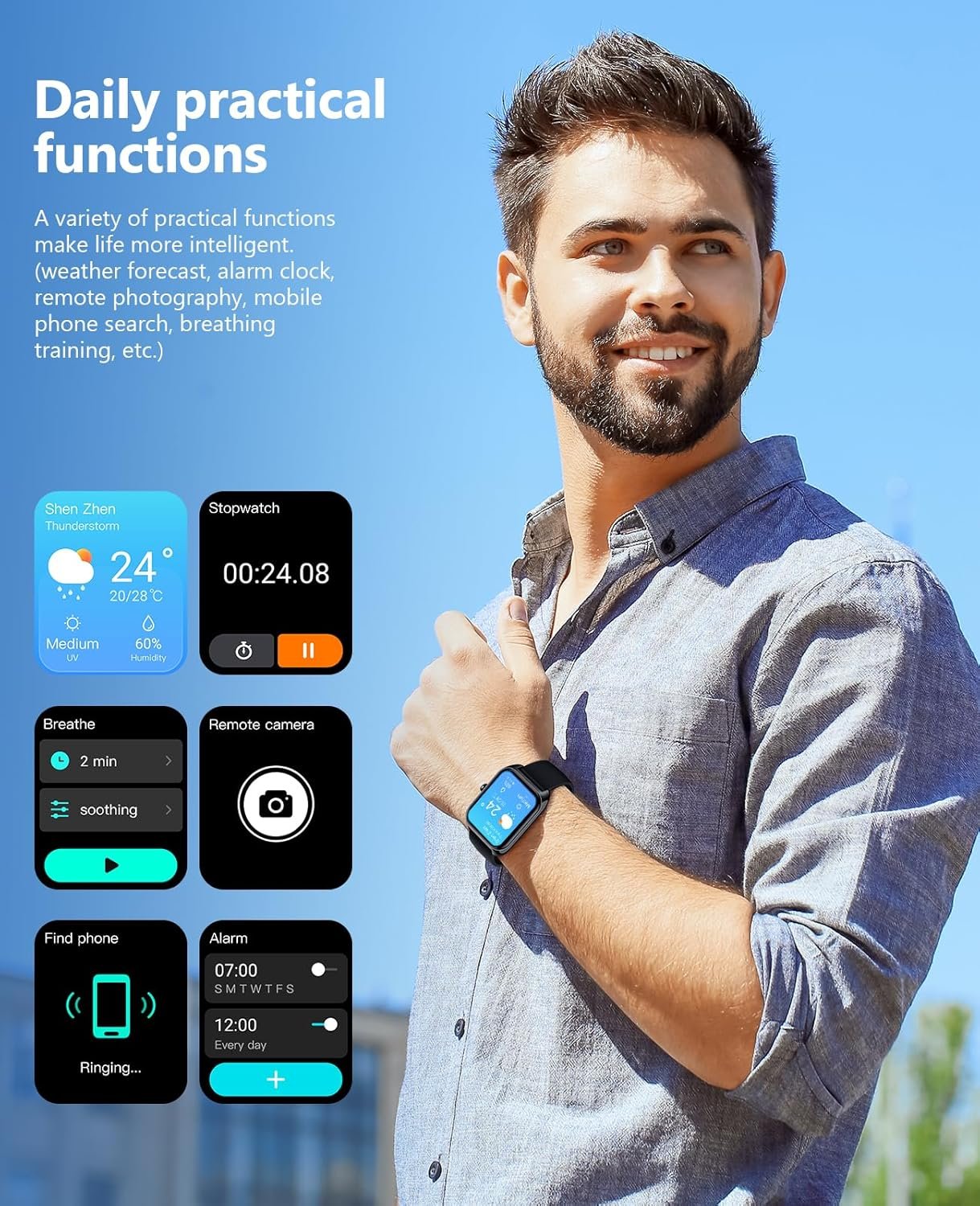 Smart Watch(Answer/Make Call), 2.02" Smartwatch with Blood Oxygen Heart Rate Sleep Monitor, IP68 Waterproof Fitness Tracker 100+ Sports Modes Compatible with iOS Android for Men Women - Image 7