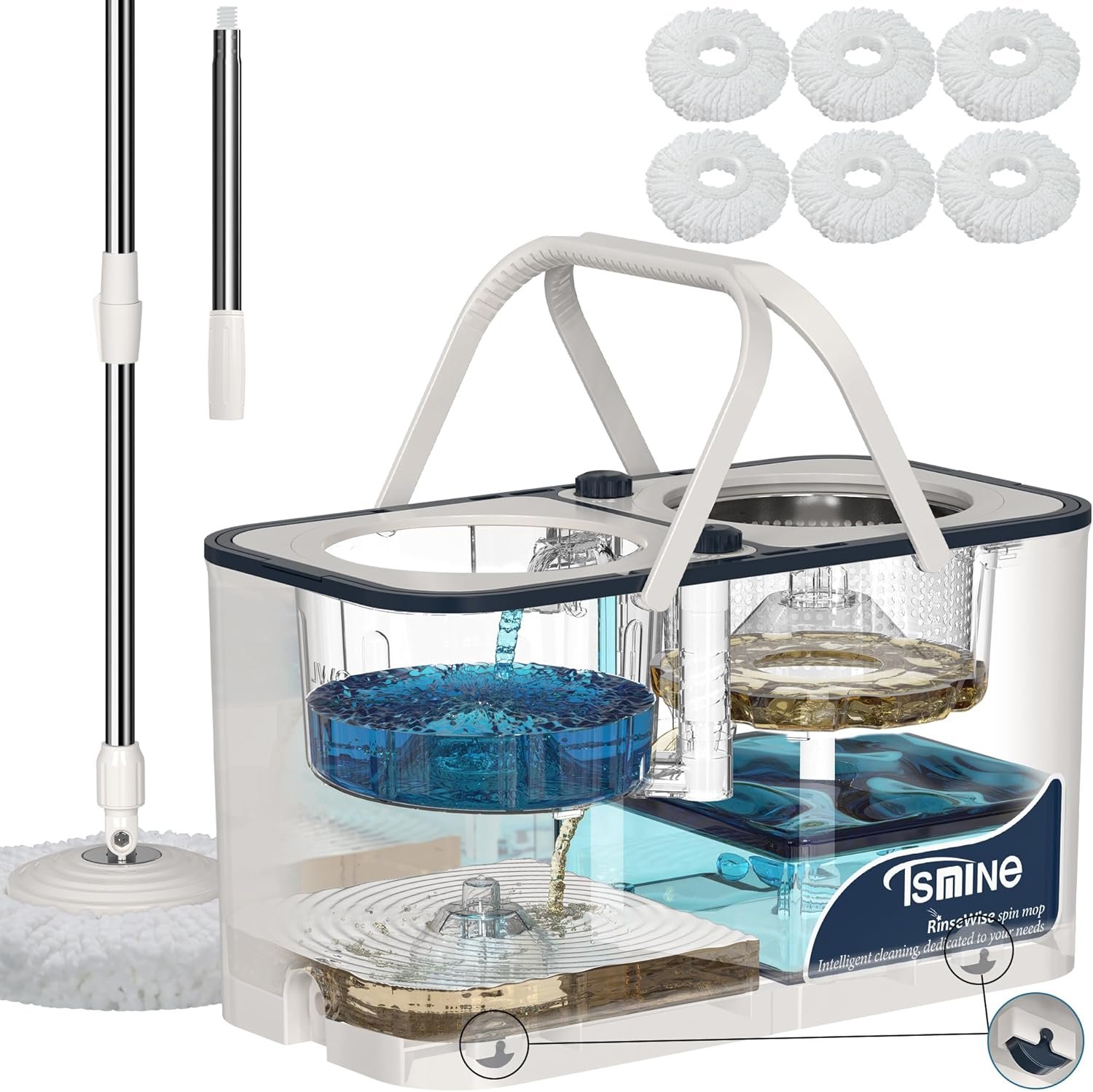 Mop and Bucket with Wringer Set for Home, Spin Mop and Bucket Separates Dirty and Clean Water,4-Chamber Mop Bucket, Best Household Cleaning Tools with 6 Replacement Mop Heads,4X Wheel - Image 2