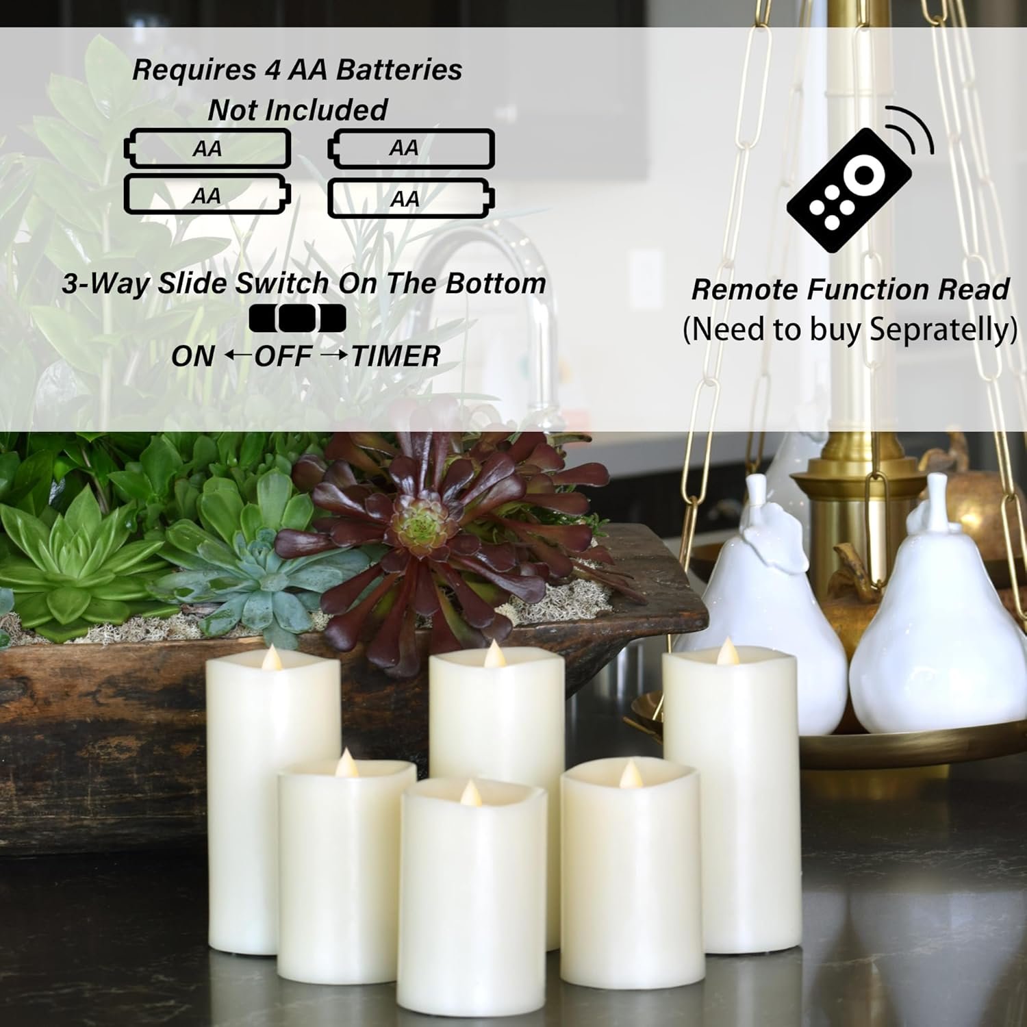 HoogaLife Flameless Candles 1200 Hours Flame Effect (D 3" x H 4") Ivory Auto-Moving 3D Wick, LED Pillar Candles Real Wax with Timer Battery Operated and Remote to Buy Separately - Image 5