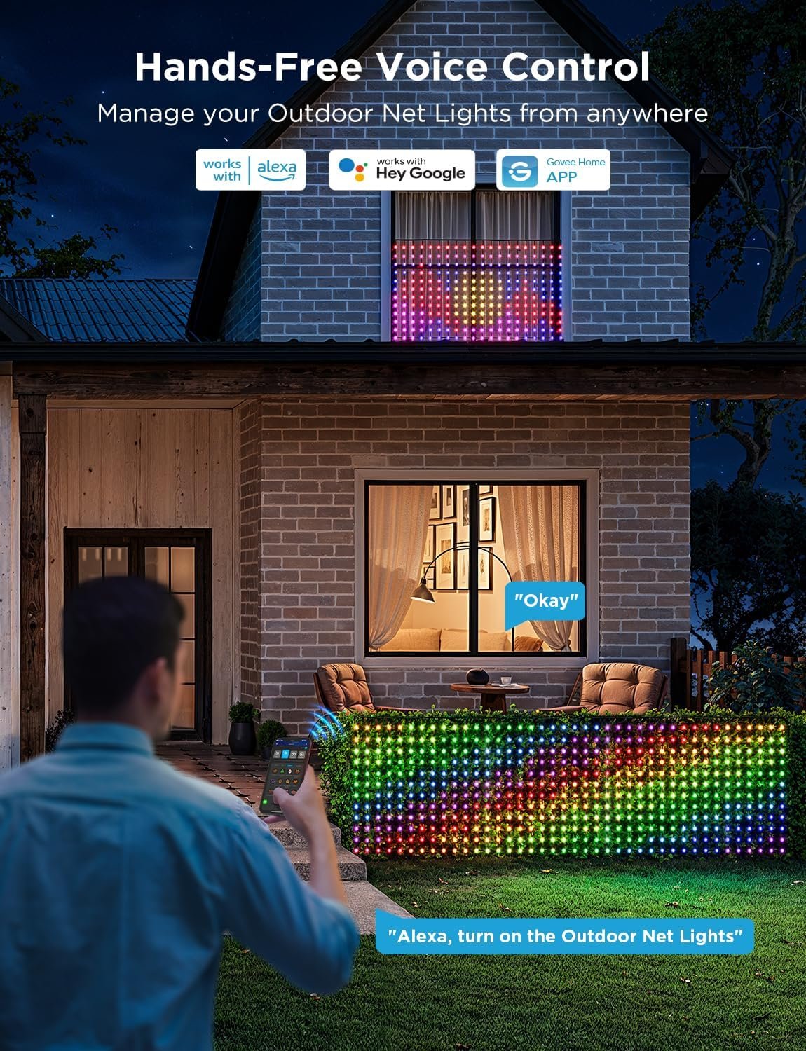 Govee Outdoor Net Lights, 2.8 × 4.7ft with RGBIC and DIY Functions, 240 LEDs Smart Net Lights with 64 Modes for Christmas Bush, IP65 Waterproof, Compatible with Alexa & Google Assistant, Green Wire - Image 8