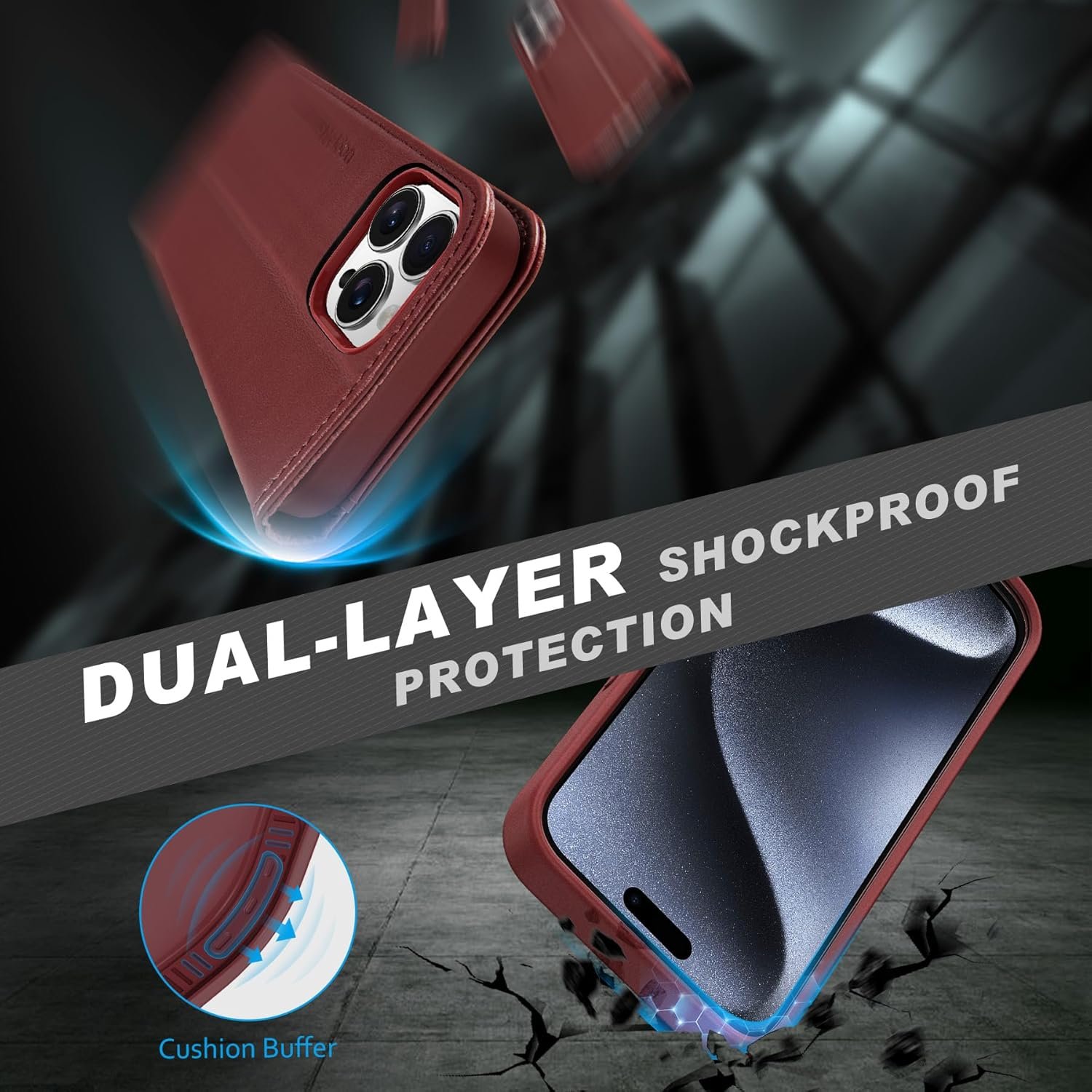 SHIELDON Case for iPhone 15 Pro Max 5G, Genuine Leather Detachable Wallet Kickstand RFID Blocking Card Holder Magnetic Shockproof Wireless Charging Case Compatible with iPhone 15 Pro Max - Wine Red - Image 8
