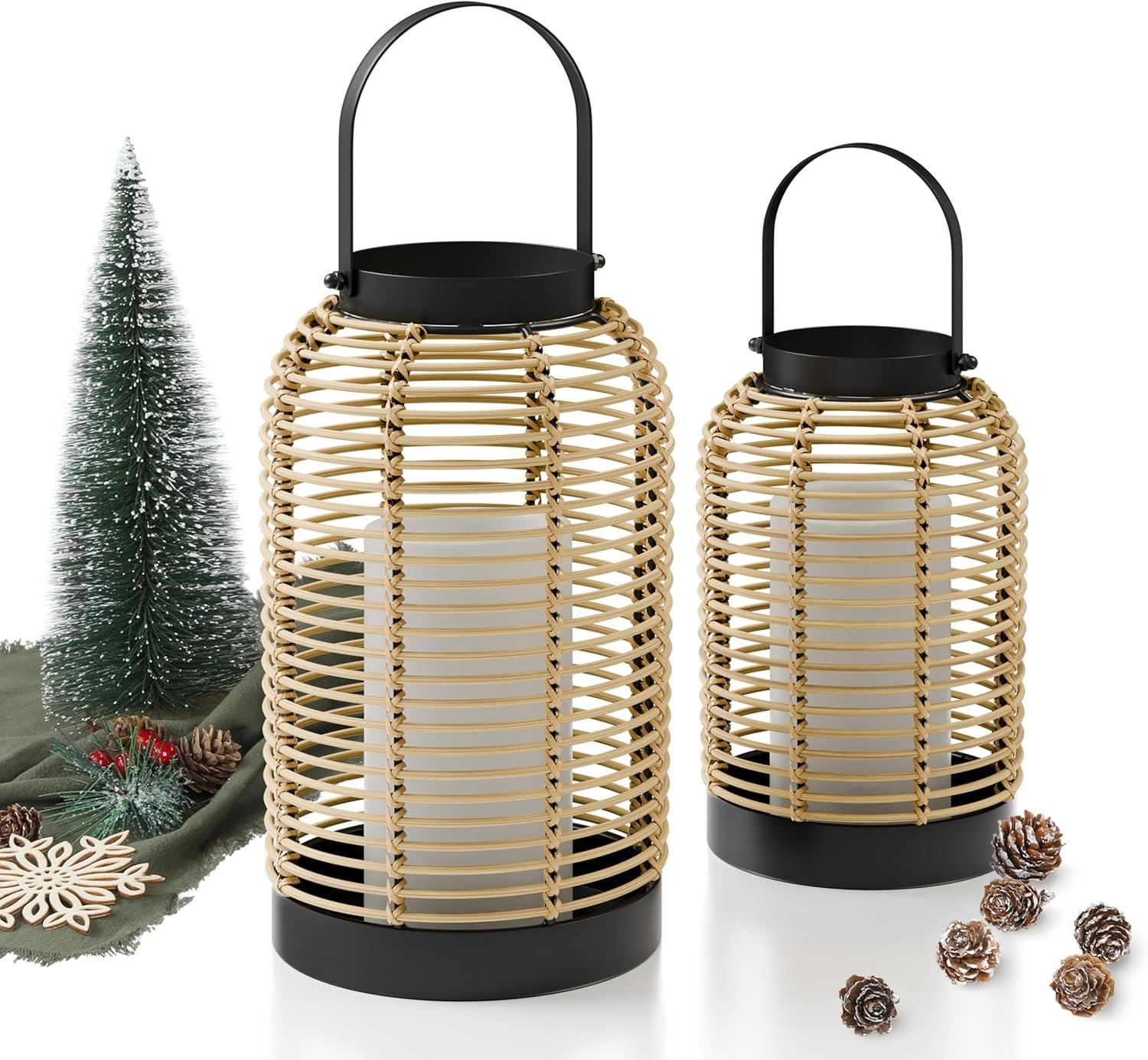 Natural Rattan Boho Lanterns - Handcrafted Decor to Enhance Every Corner of Your Home - Modern Farmhouse Beauty Perfect for Any Living Room, Indoor Coffee Table or Kitchen Dining Table - Image 2