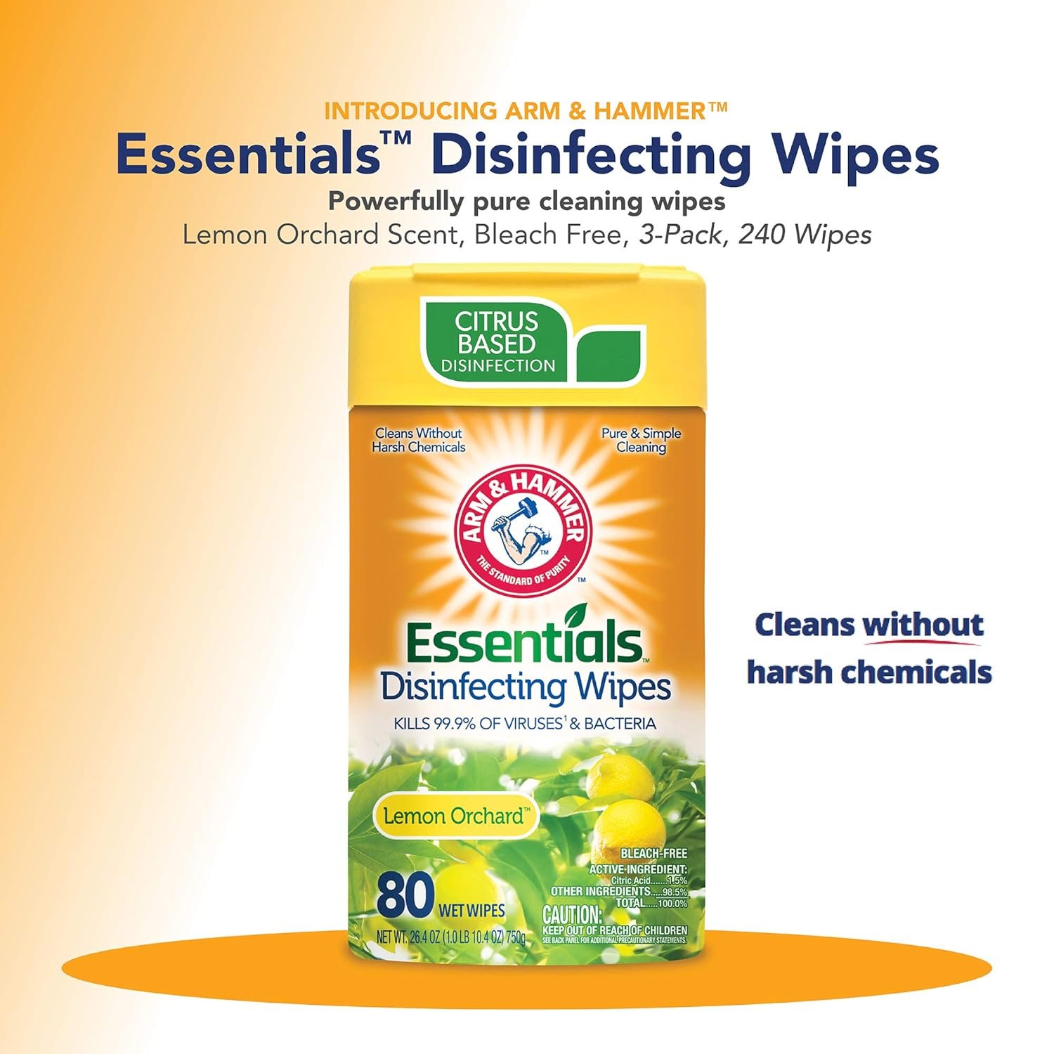 Arm & Hammer Essentials Disinfecting Wipes, Lemon Orchard Scent, 3 Pack, 80 Count, 240 Wipes, Volcano - Image 3