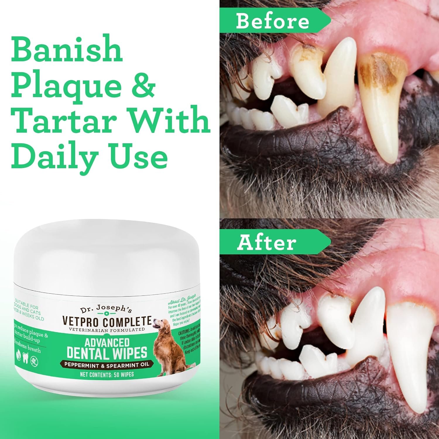 VetPro Complete Advanced Dog Dental Wipes, 50 Count, Easy Teeth Cleaner for Dogs and Cats with Peppermint and Spearmint, Freshens Breath, Reduces Tartar - Image 7