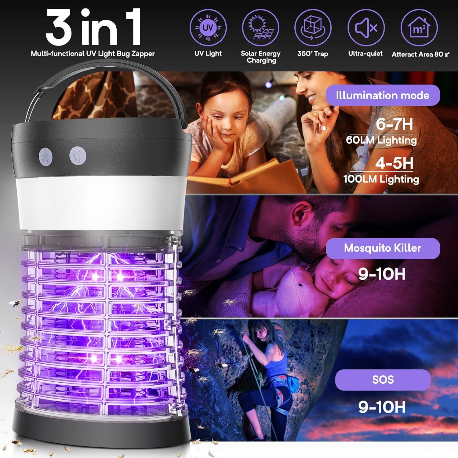Bug Zapper, Electric Solar Mosquito Killer for Indoor & Outdoor, 3000V High Powered Pest Control Waterproof UV Mosquito Zapper,Rechargeable Insect Fly Trap for Home,Kitchen,Patio, Backyard,Camping - Image 3