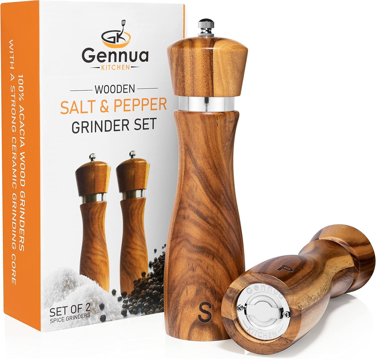 Wooden Salt and Pepper Grinder Set: Refillable Salt & Pepper Mills Adjust for Customized Coarseness, Crafted of Solid Acacia Wood with Ceramic/Stainless Steel Core, 8 Inches Each - Image 3