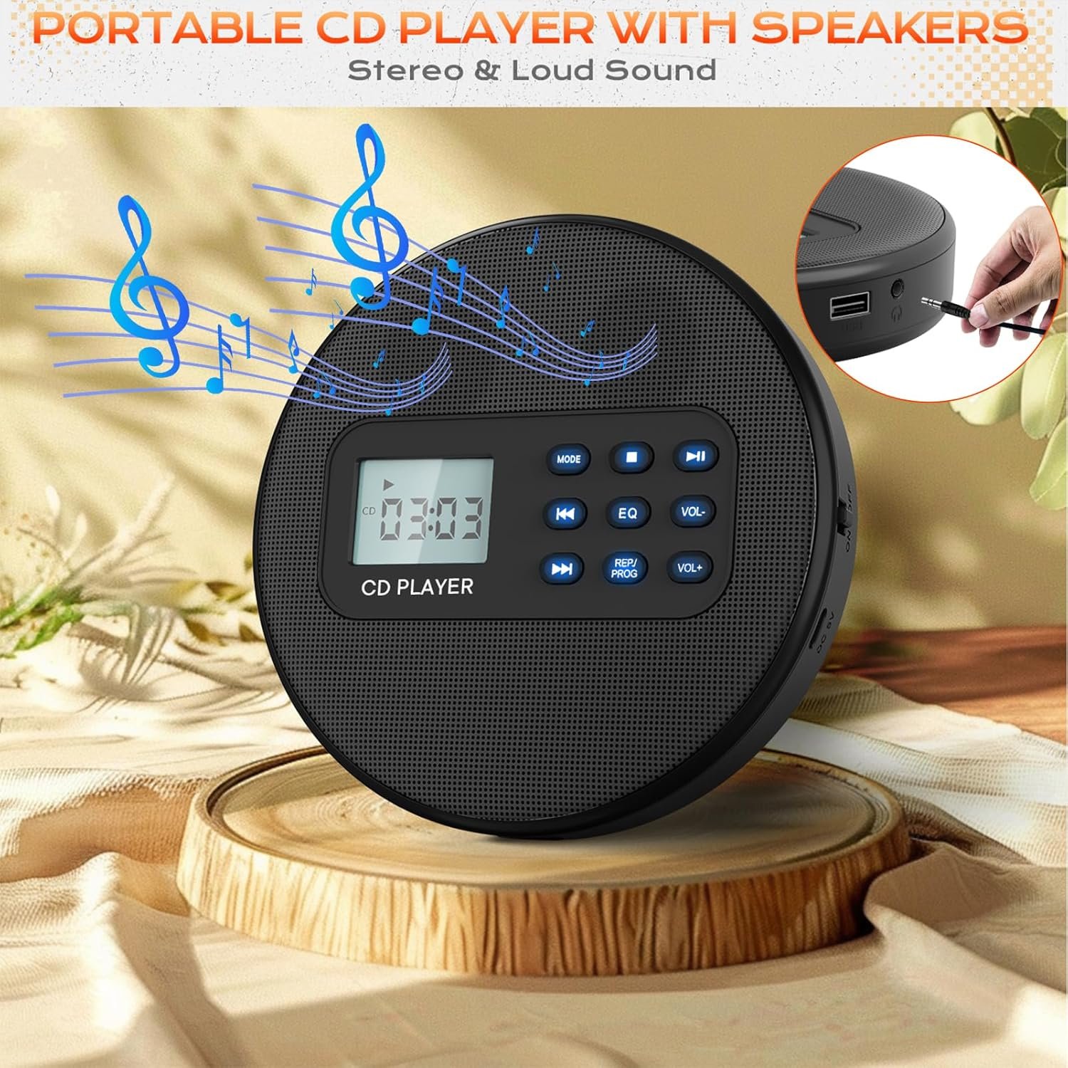 Portable CD Player with Speakers:Rechargeable Walkman CD Player for Car with Anti-Skip Protection,Discman CD Player with Headphones,Plays Recorded MP3/Audiobook/CD/USB with Memory,Backlit. - Image 3