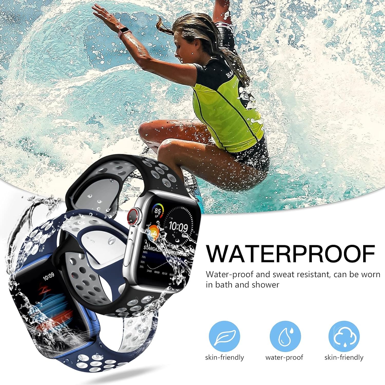 Adorve 4 Pack Compatible with Apple Watch Band 49mm 46mm 45mm 44mm 42mm iWatch Ultra 2 SE Series 10 9 8 7 6 5 4 3 2 1 Women Men,Breathable Sport Silicone Strap,Blue White/WhiteBlack/BlackGray/RedBlack - Image 4