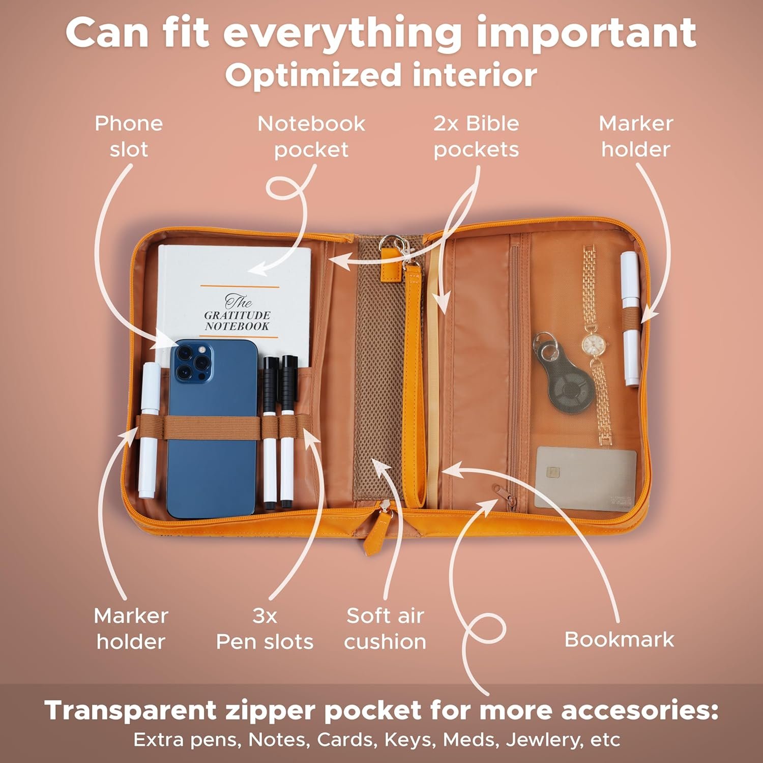 Large Bible Cover Case for Women (11"x8"x2.5") PU Leather Bible Cover for Girl w/Wristlet Strap, Bible Cover for Women w/Engraved Floral Lily Design, Waterproof Bible Case for Women (Orange) - Image 5