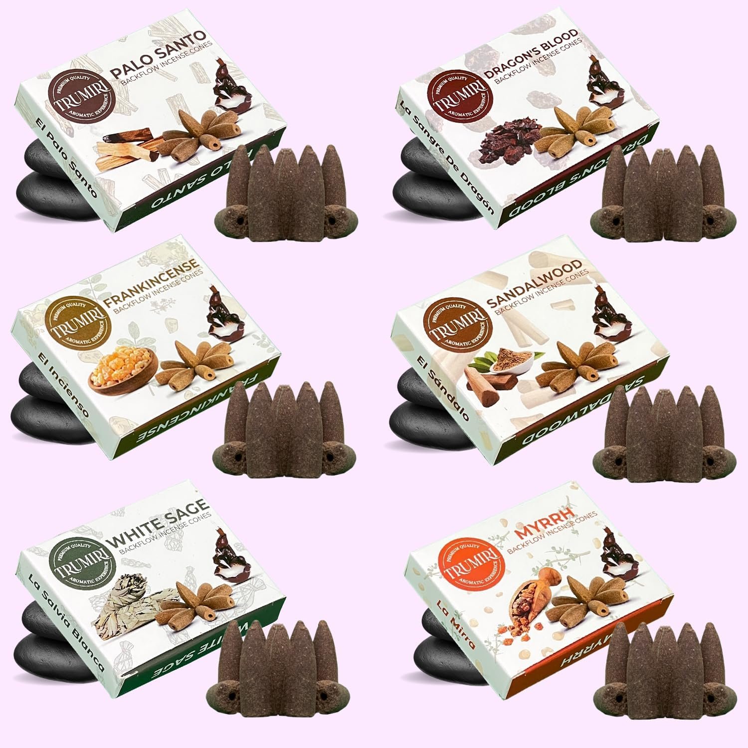 Woody - Backflow Incense Cones for Waterfall - Scented Inscents-Cones - Sandalwood, Dragons Blood, Palo Santo, White Sage - Insiensos Aromaticos - 6x10=60 Large Variety Pack - Back Flow Down Reverse - Image 9