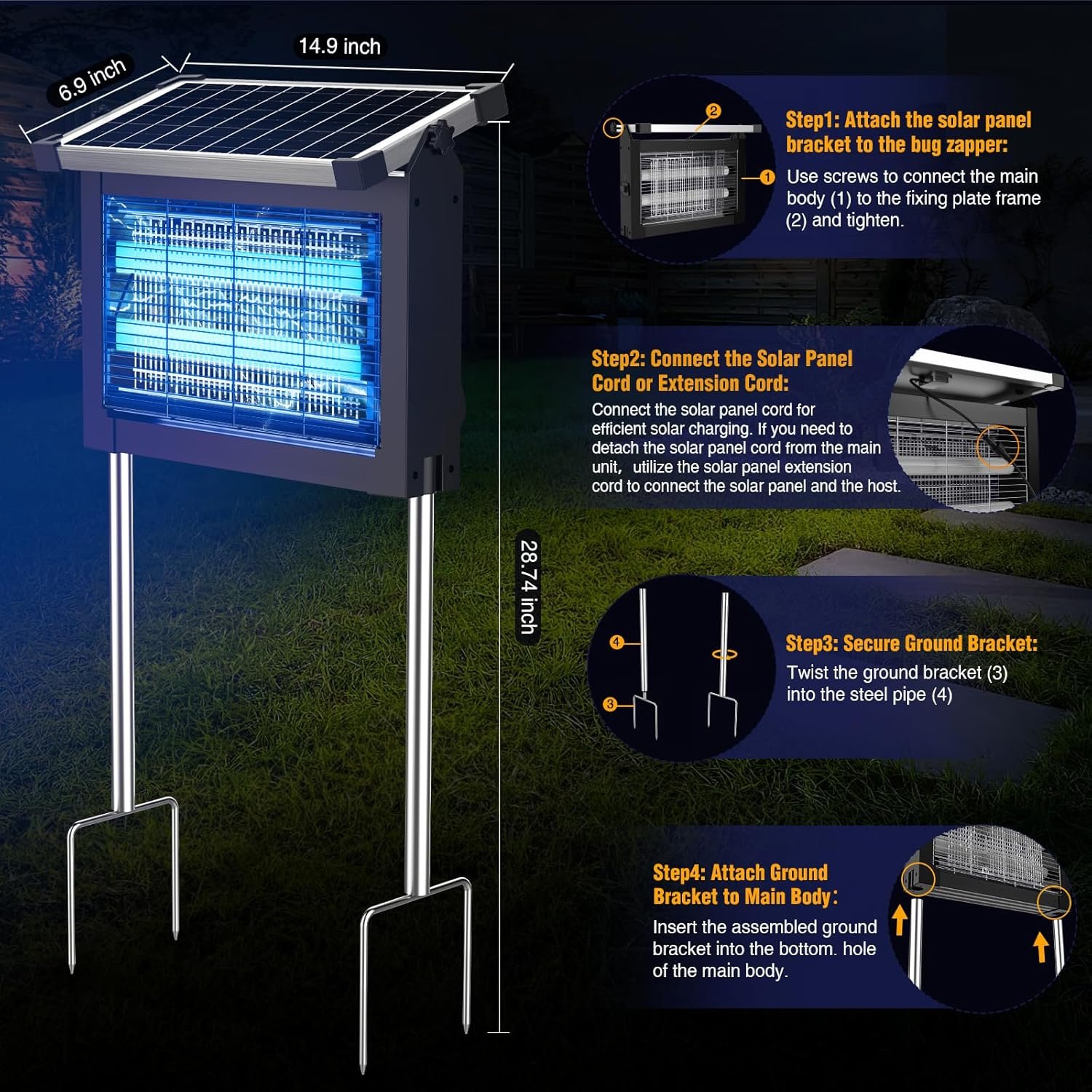 Solar Bug Zapper Outdoor, Wireless Portable Camping Mosquito Zapper with Panel Sensor, Fly Traps with 10FT Extension Cord, Fly Zapper, Mosquito Killer, Electric Trap Ideal for Home, Patio, Backyard - Image 6