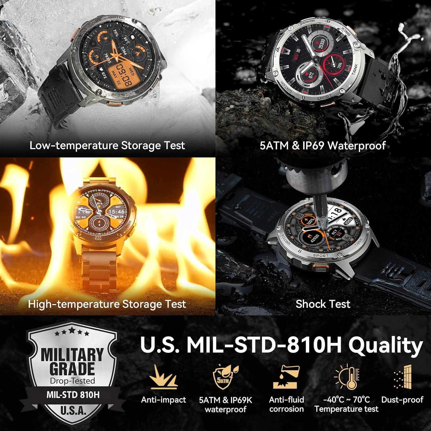 AMAZTIM Smart Watch, 60 Days Extra-Long Battery, 5ATM Waterproof Swimming Diving, Full Metal military tactical, Answer/Make Call, 1.43" AMOLED Display, Health Monitor Compatible for iPhone and Android - Image 3