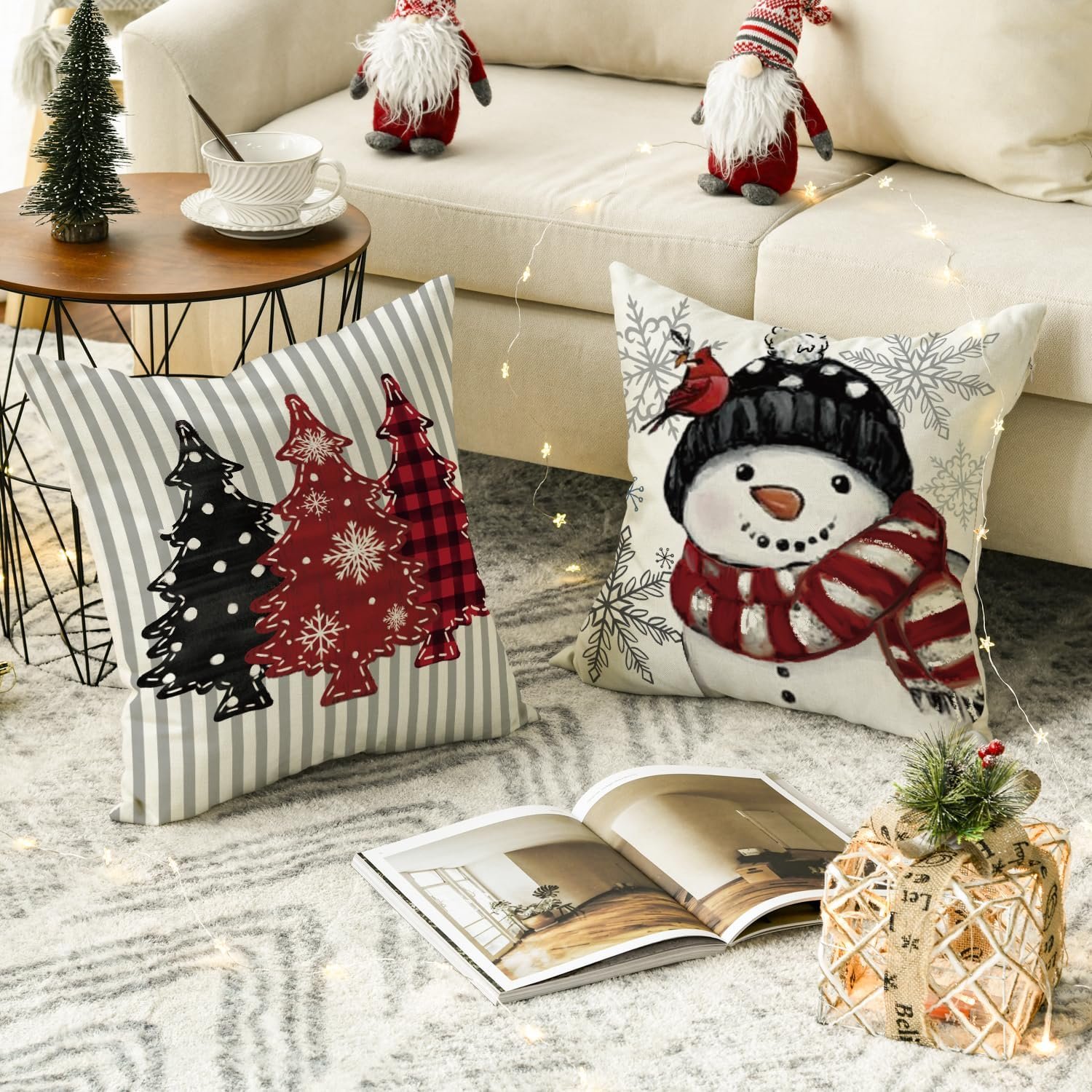 AVOIN colorlife Winter Snowman Joy Snowflake Christmas Throw Pillow Covers, 12 x 20 Inch Red Xmas Tree Winter Holiday Buffalo Plaid Cushion Case Decoration for Sofa Couch Set of 4 - Image 4