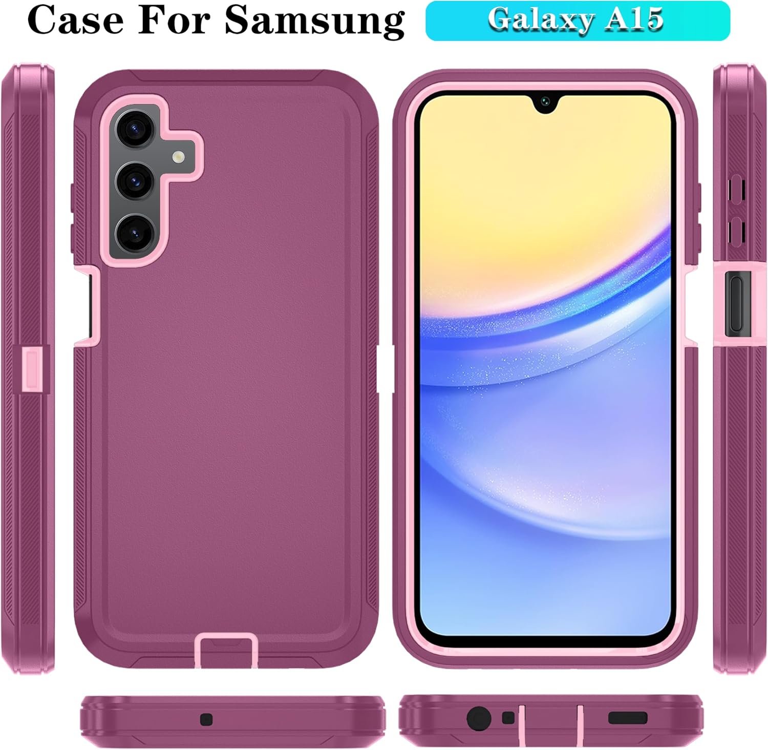Qinmay Samsung Galaxy A15 5G Case, 3-Layer Shockproof Phone Cover with HD Screen Protector (WinRedPink) - Image 8