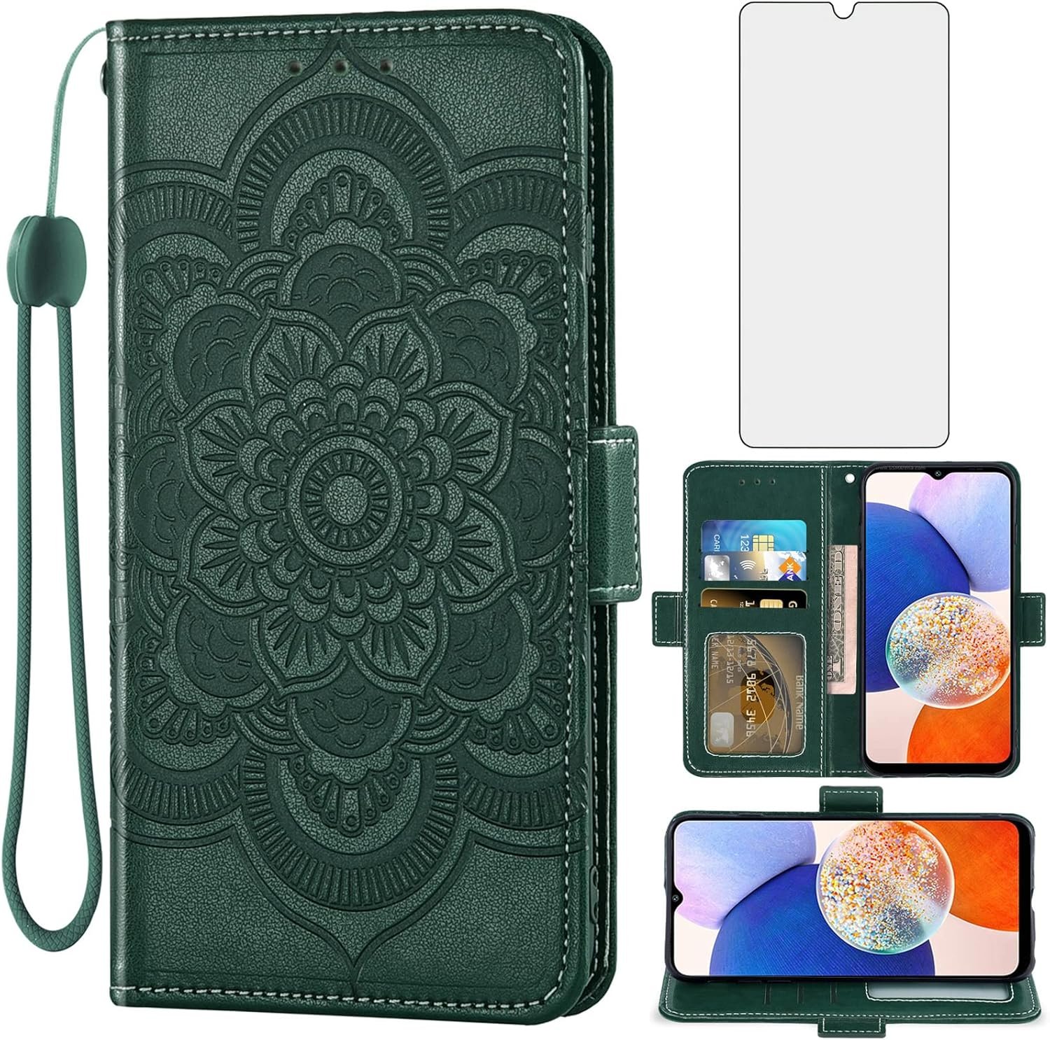 Asuwish Phone Case for Samsung Galaxy A14 5G Wallet Cover with Tempered Glass Screen Protector and Leather Flip Credit Card Holder Stand Flower TPU Cell Accessories A 14 4G 14A G5 Women Men Dark Green - Image 2
