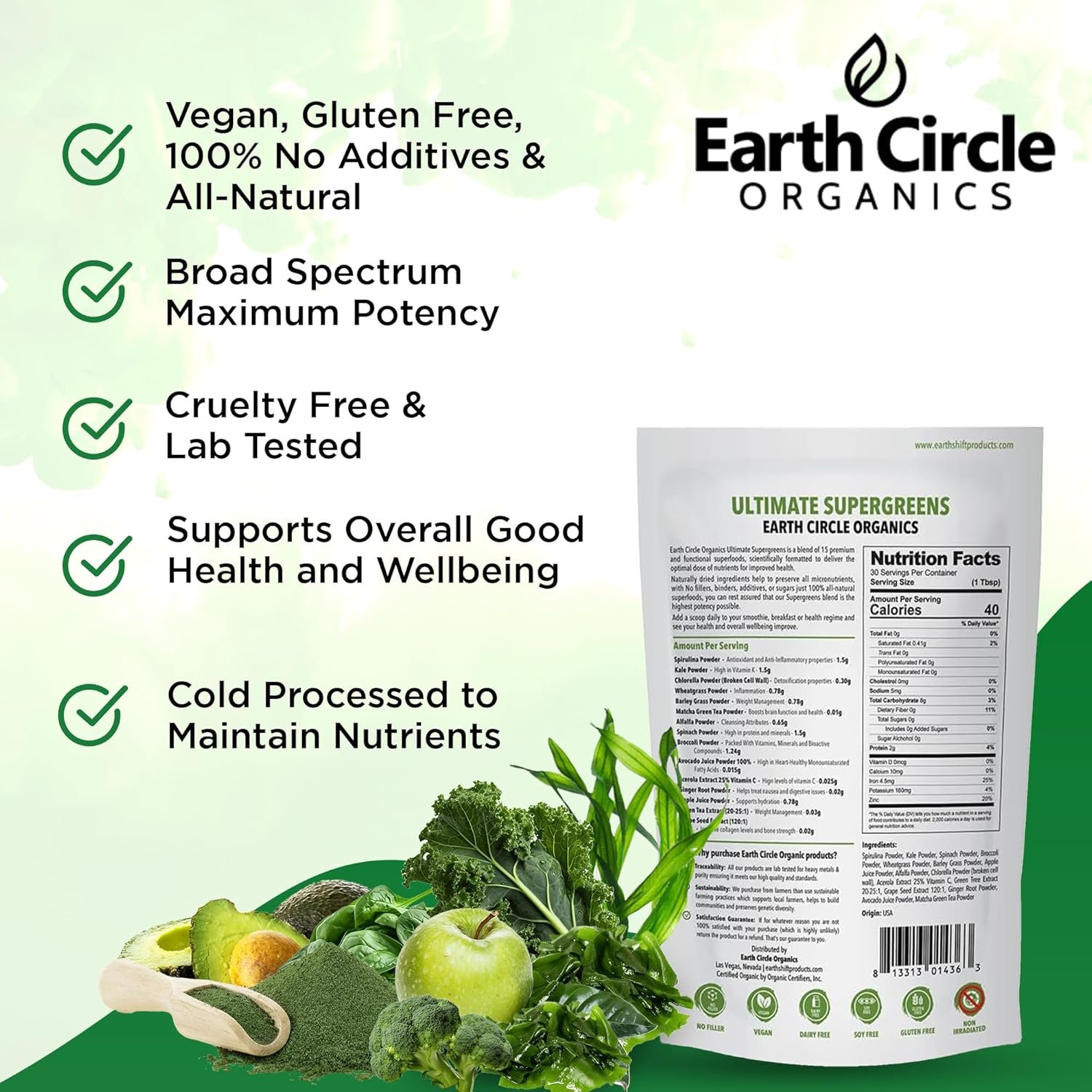 Earth Circle Organics Ultimate Super Greens Powder | 15 Powerful Superfoods | Energy & Fiber-Rich Green Supplement | Vegan, No Additives | for Smoothie Mix & Juices | 30 Servings, 10oz (Pack of 1) - Image 6