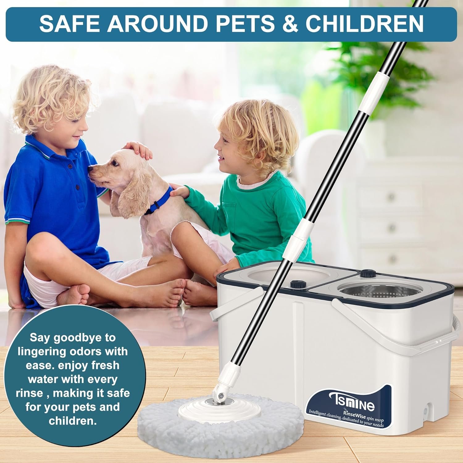 Mop and Bucket with Wringer Set for Home, Spin Mop and Bucket Separates Dirty and Clean Water,4-Chamber Mop Bucket, Best Household Cleaning Tools with 6 Replacement Mop Heads,4X Wheel - Image 6