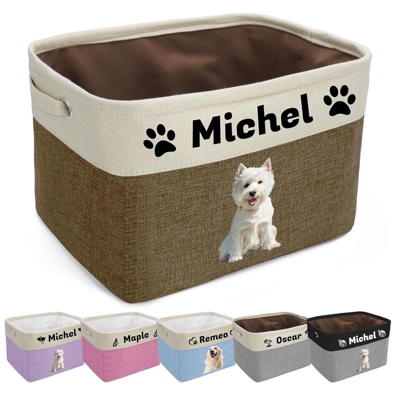 Personalized Dog Toy Basket with Pet's Name, Custom Dog Toy Bin, Sturdy Foldable Collapsible Storage Box, Dog Toy Box with Handles for Dog Toys, Dog Clothing, Dog Apparel, Accessories (Brown) - Image 2